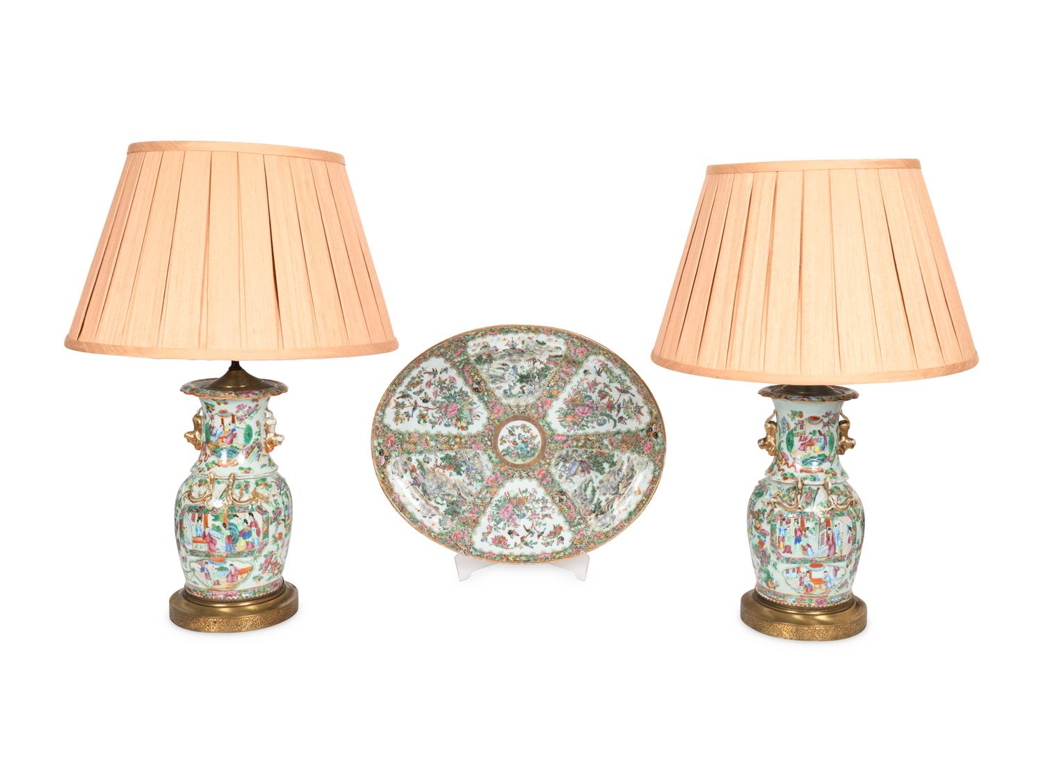 A Pair of Famille Rose Porcelain Baluster-Form Vases and Large Oval Platter