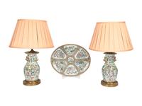 A Pair of Famille Rose Porcelain Baluster-Form Vases and Large Oval Platter