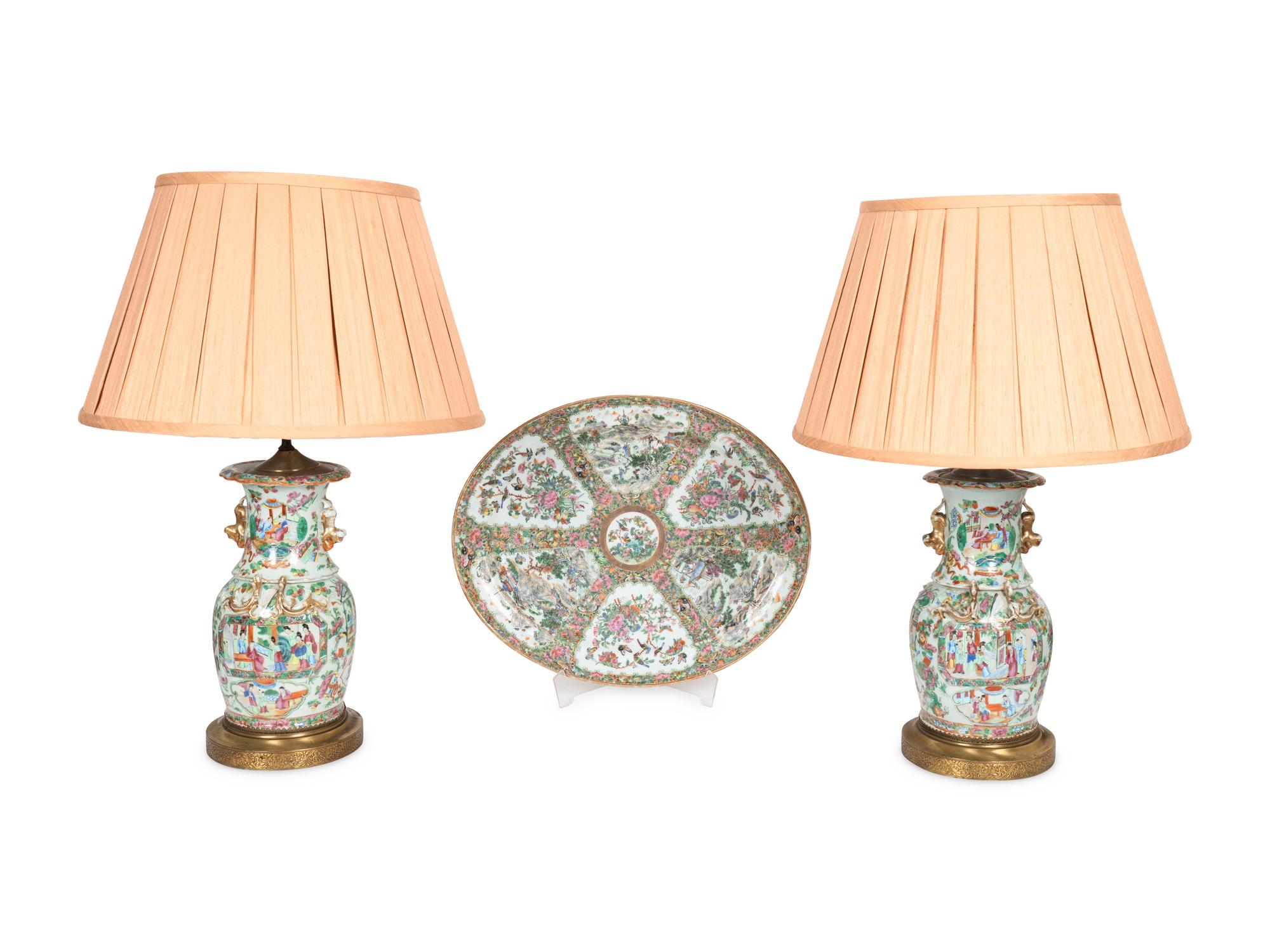 A Pair of Famille Rose Porcelain Baluster-Form Vases and Large Oval Platter