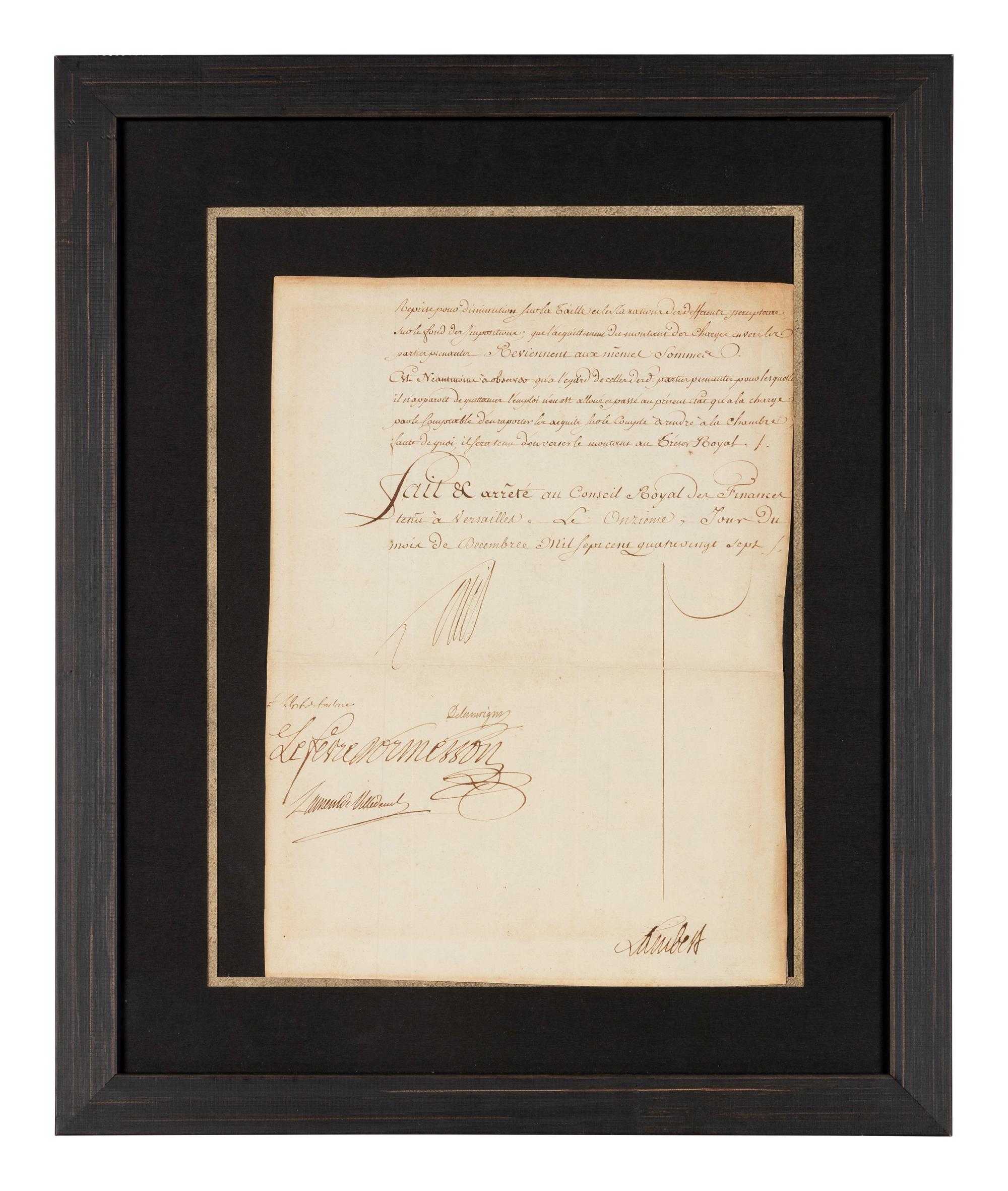 LOUIS XVI, King of France (1754-1793). Partial document signed ("Louis"), December 11, 1787. Countersigned by several ministers.