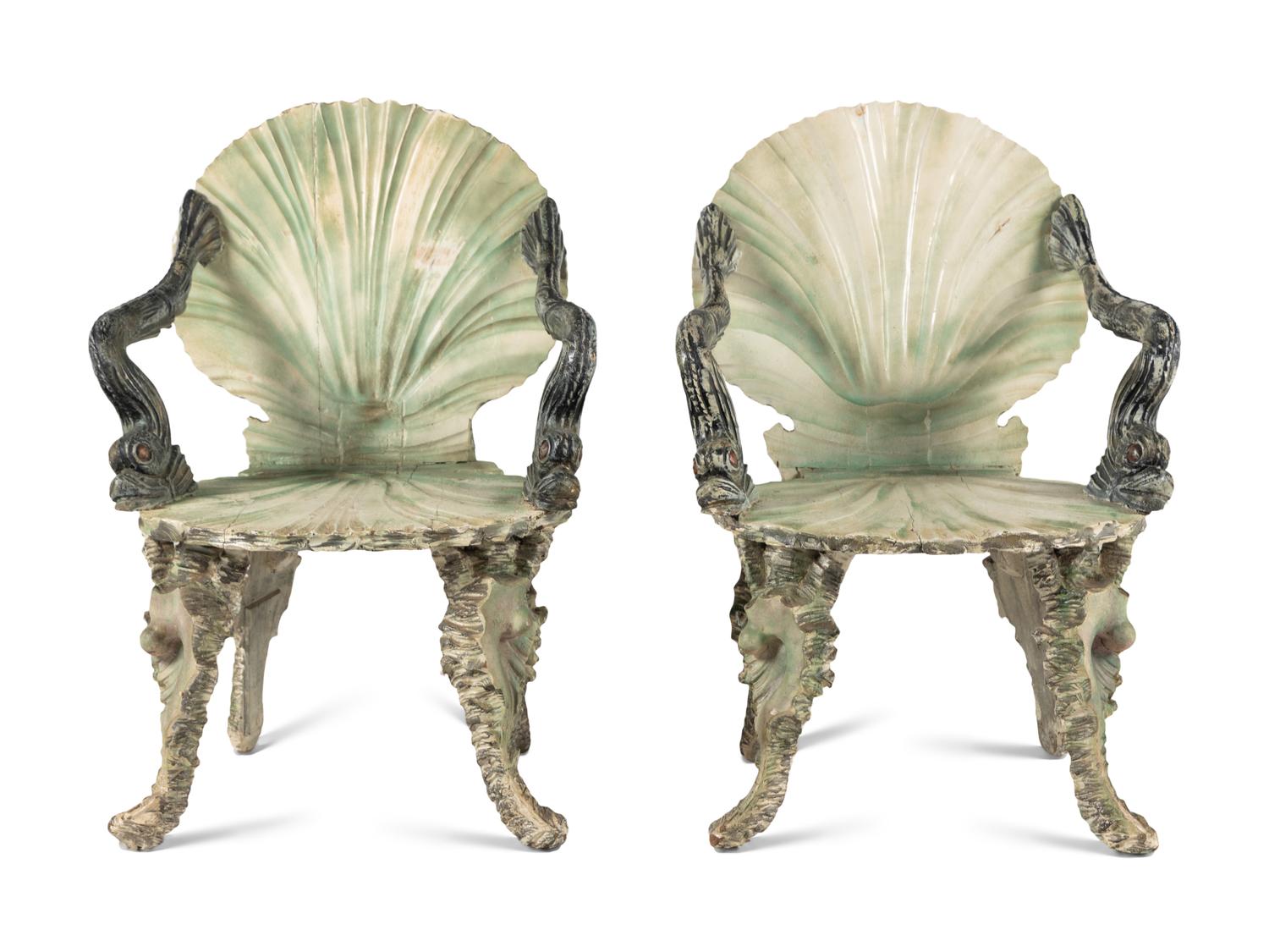 A Pair of Venetian Style Painted "Grotto" Armchairs