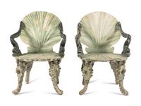A Pair of Venetian Style Painted "Grotto" Armchairs
