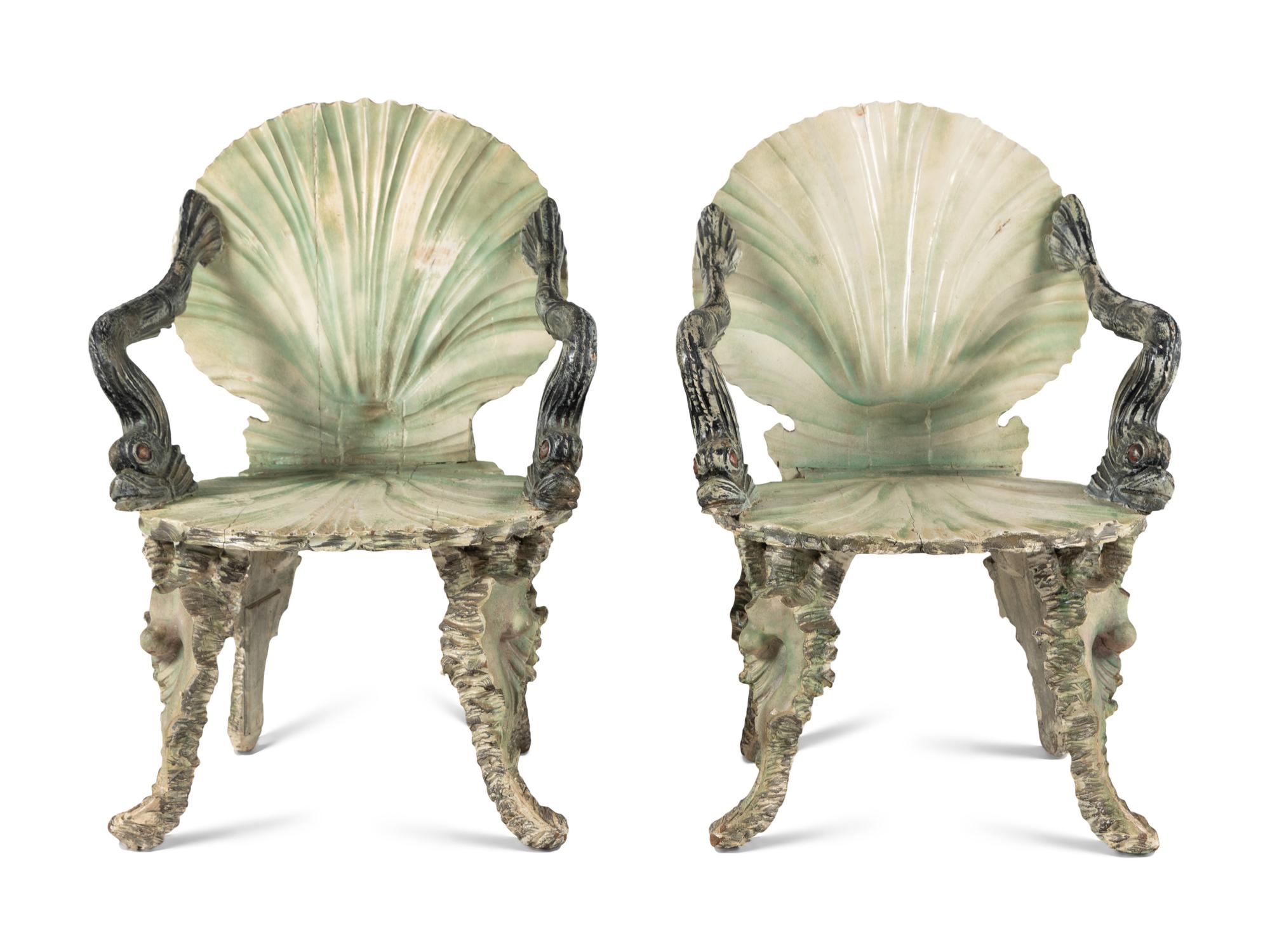A Pair of Venetian Style Painted "Grotto" Armchairs