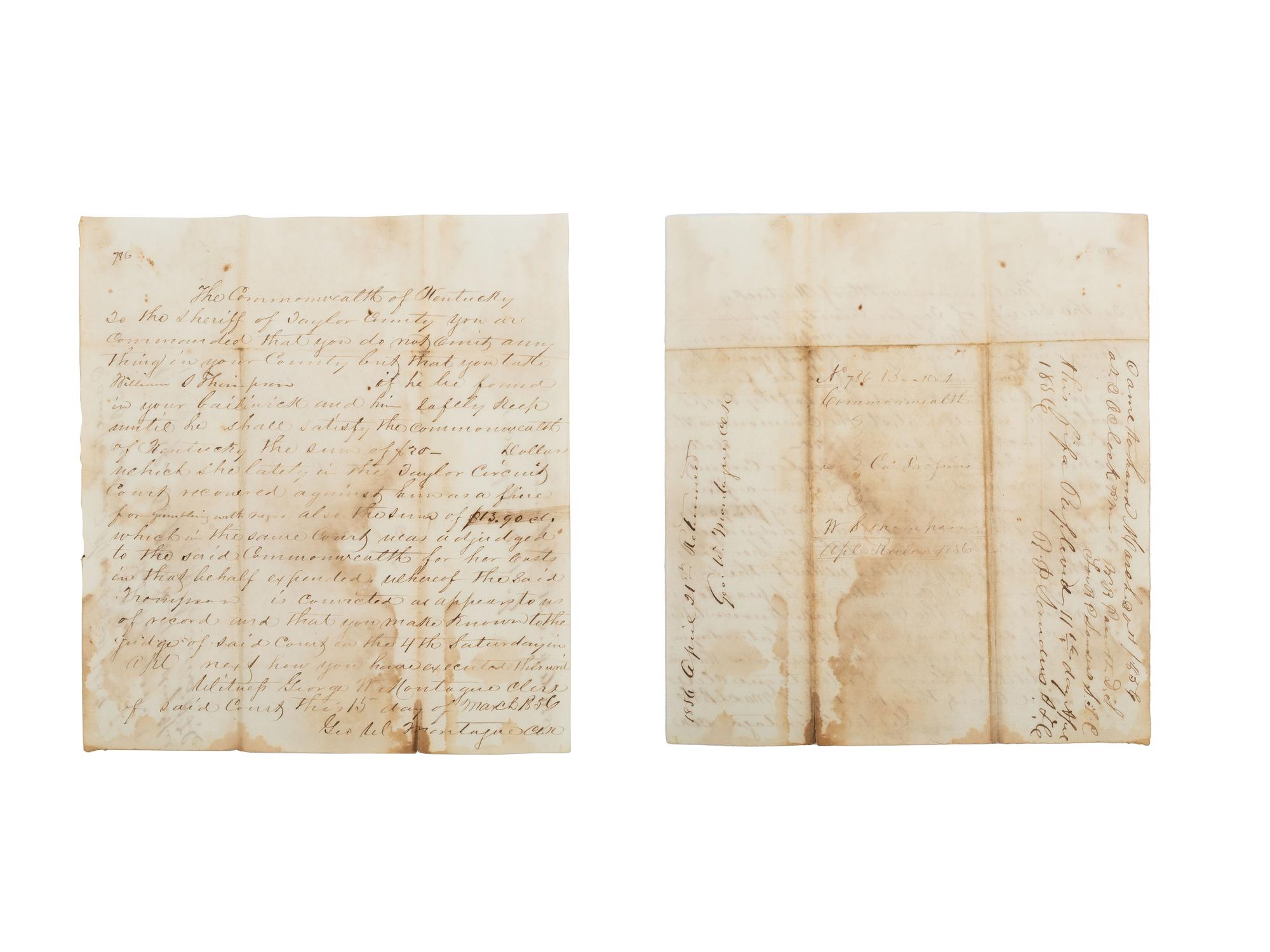 [SLAVERY & ABOLITION]. A group of court documents from Kentucky highlighted by a writ of execution against William I. Thompson for "gambling with [a] negro." Taylor County, Kentucky. 15 March 1856.