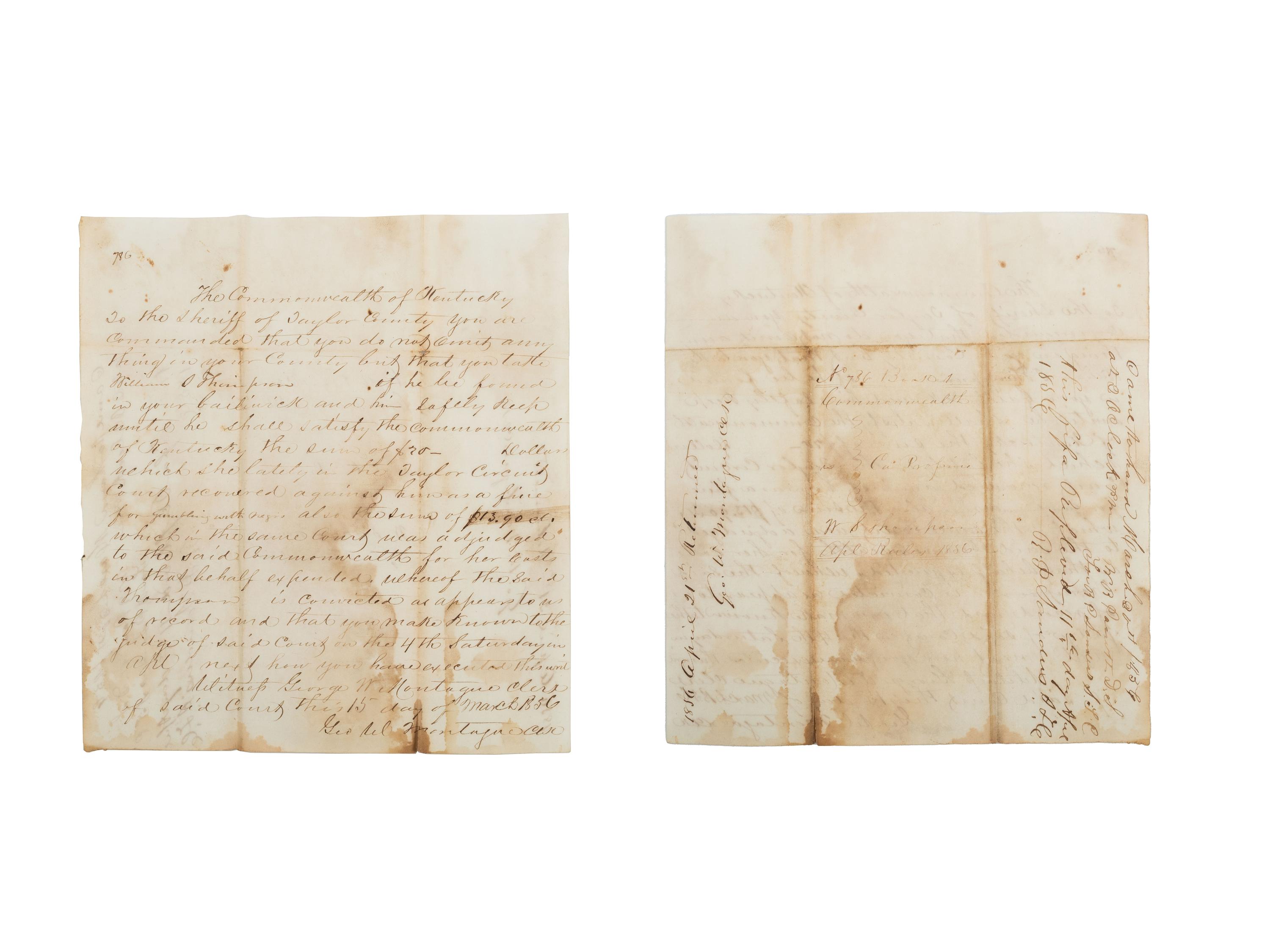 [SLAVERY & ABOLITION]. A group of court documents from Kentucky highlighted by a writ of execution against William I. Thompson for "gambling with [a] negro." Taylor County, Kentucky. 15 March 1856.