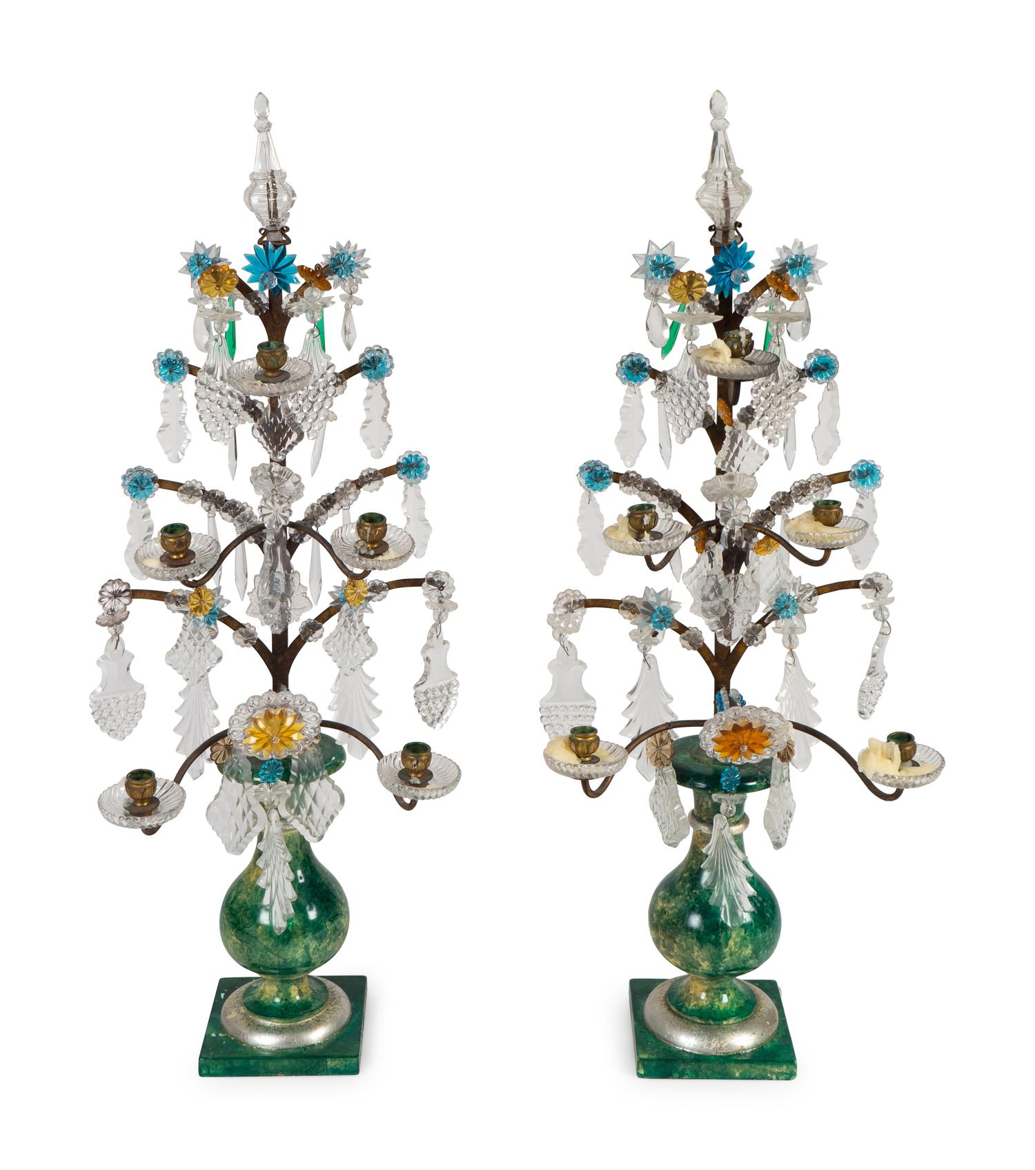 A Pair of David Barrett Faux Marble and Glass Beaded Candelabrum — 20TH CENTURY