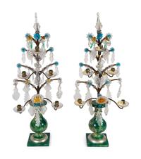 A Pair of David Barrett Faux Marble and Glass Beaded Candelabrum — 20TH CENTURY