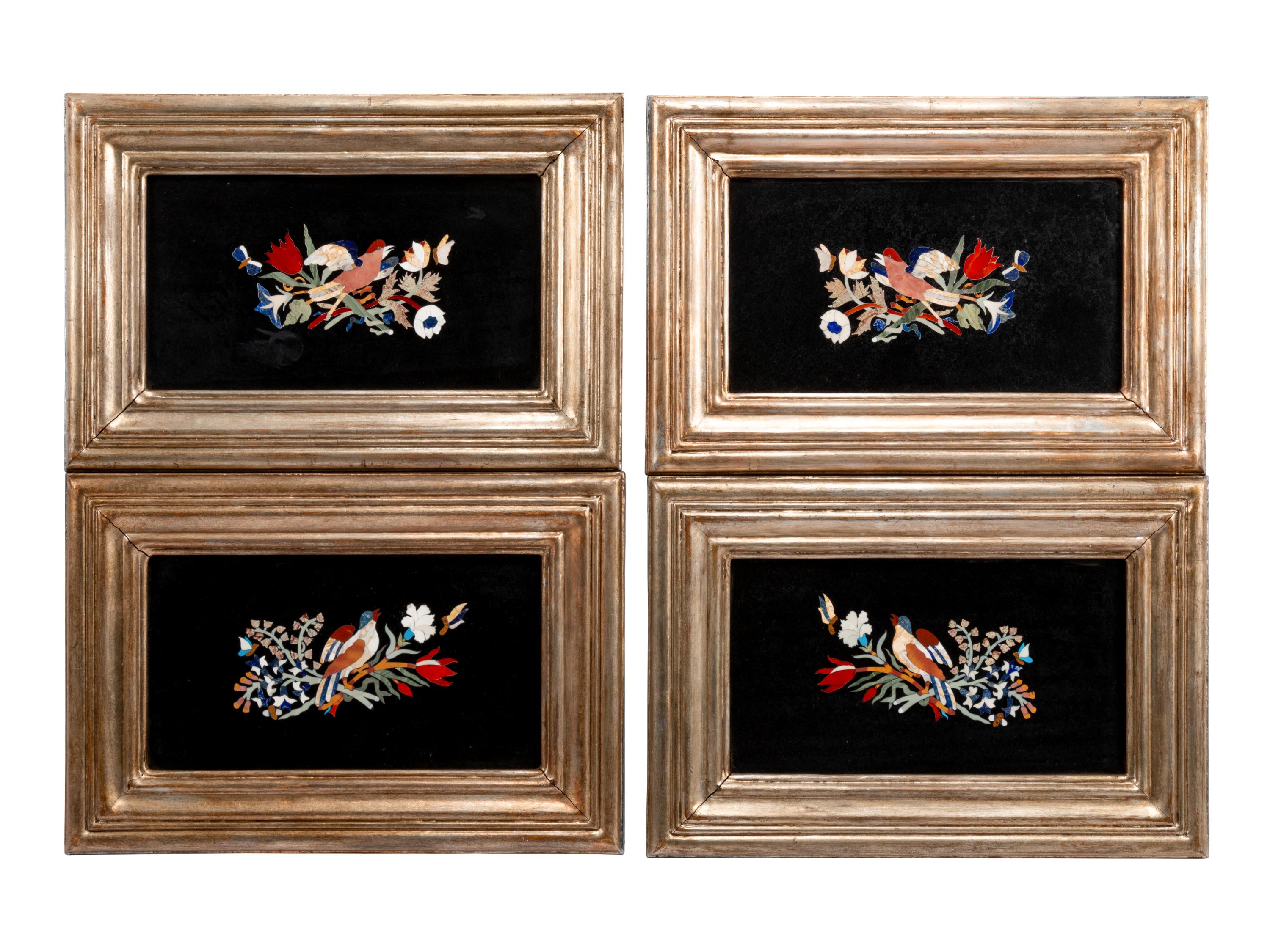 A Set of Four Pietra Dura Plaques in Giltwood Frames