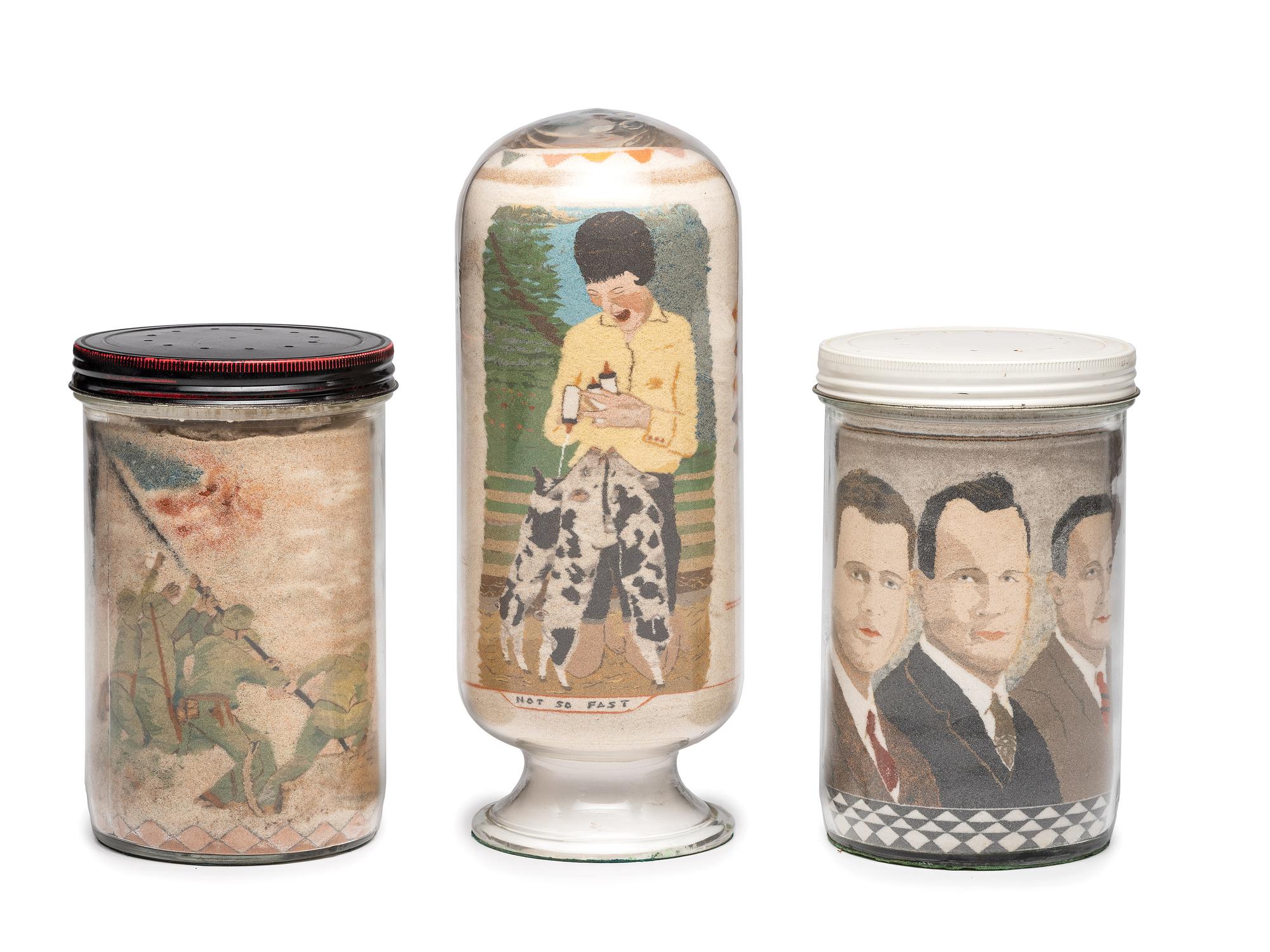 A Collection of John A. Adams Sand Art Bottles, Along with Custom Box and Unused Bottle