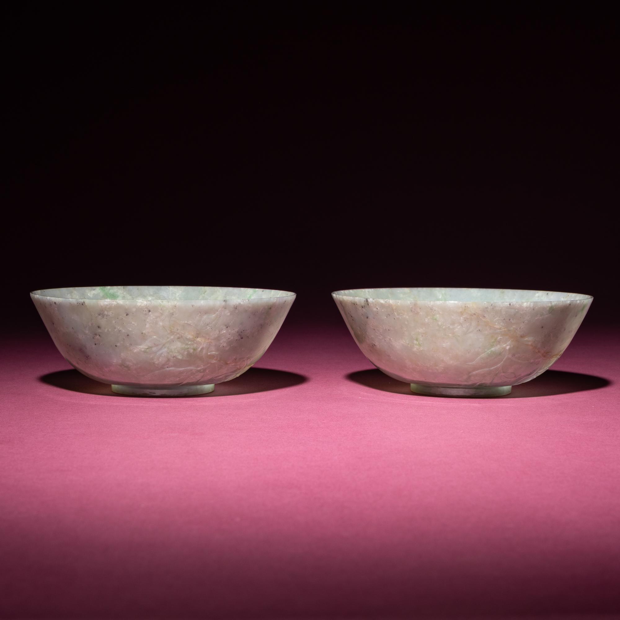 A Pair of Chinese Carved Jadeite 'Floral' Bowls, 19th-20th Century — 晚清-民國 翡翠刻花過墻碗一對