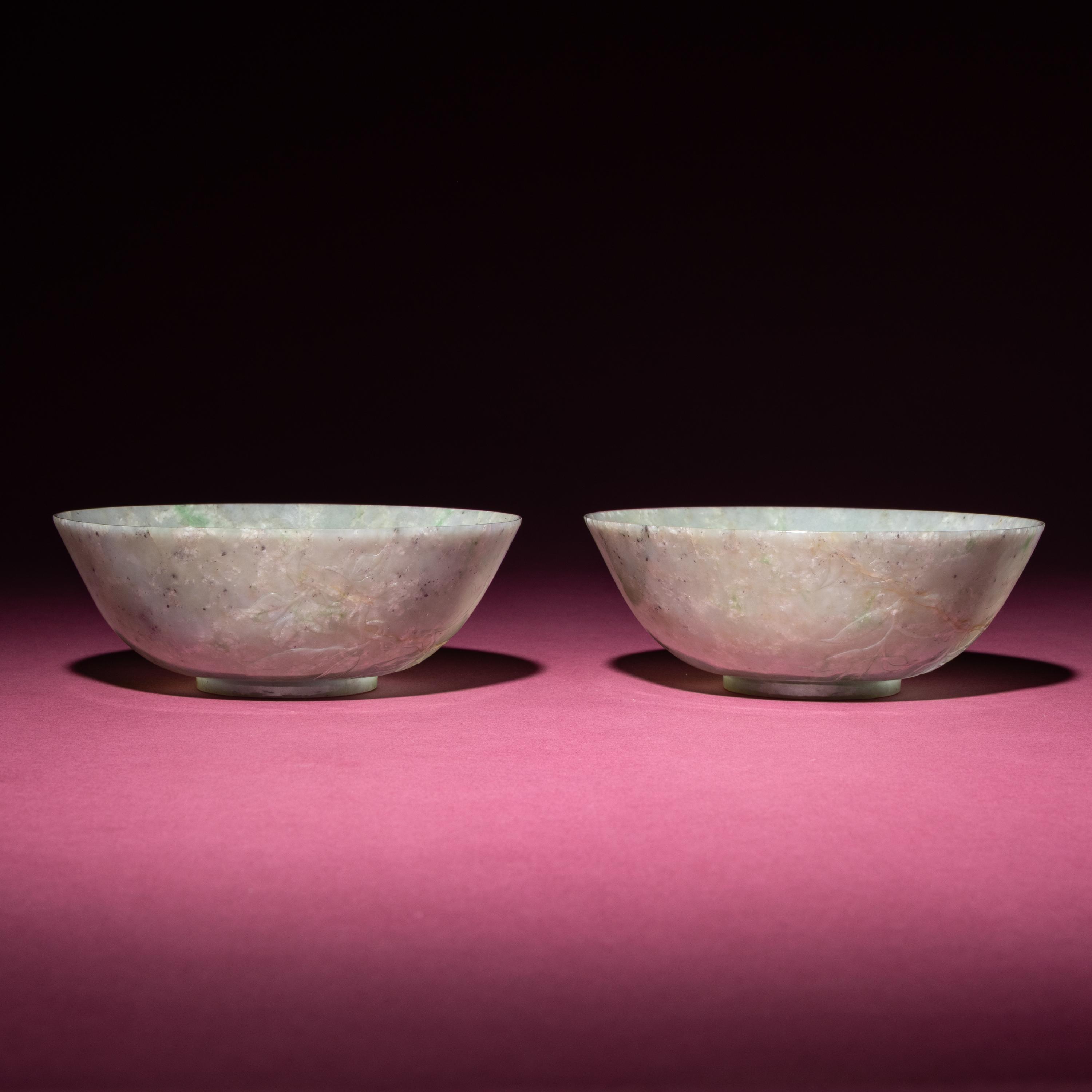 A Pair of Chinese Carved Jadeite 'Floral' Bowls, 19th-20th Century — 晚清-民國 翡翠刻花過墻碗一對