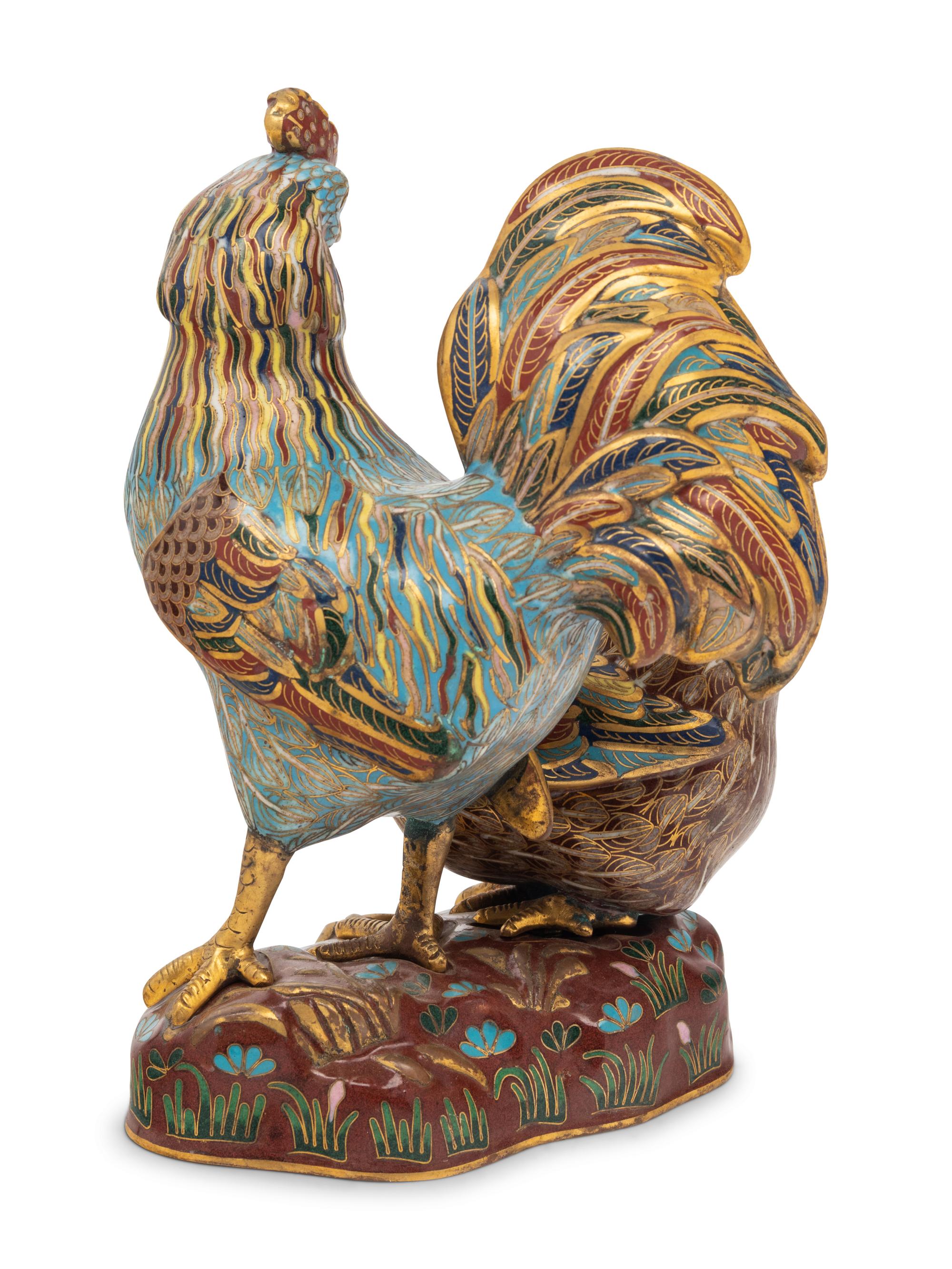 A Chinese Cloisonne Enamel 'Rooster' Group
