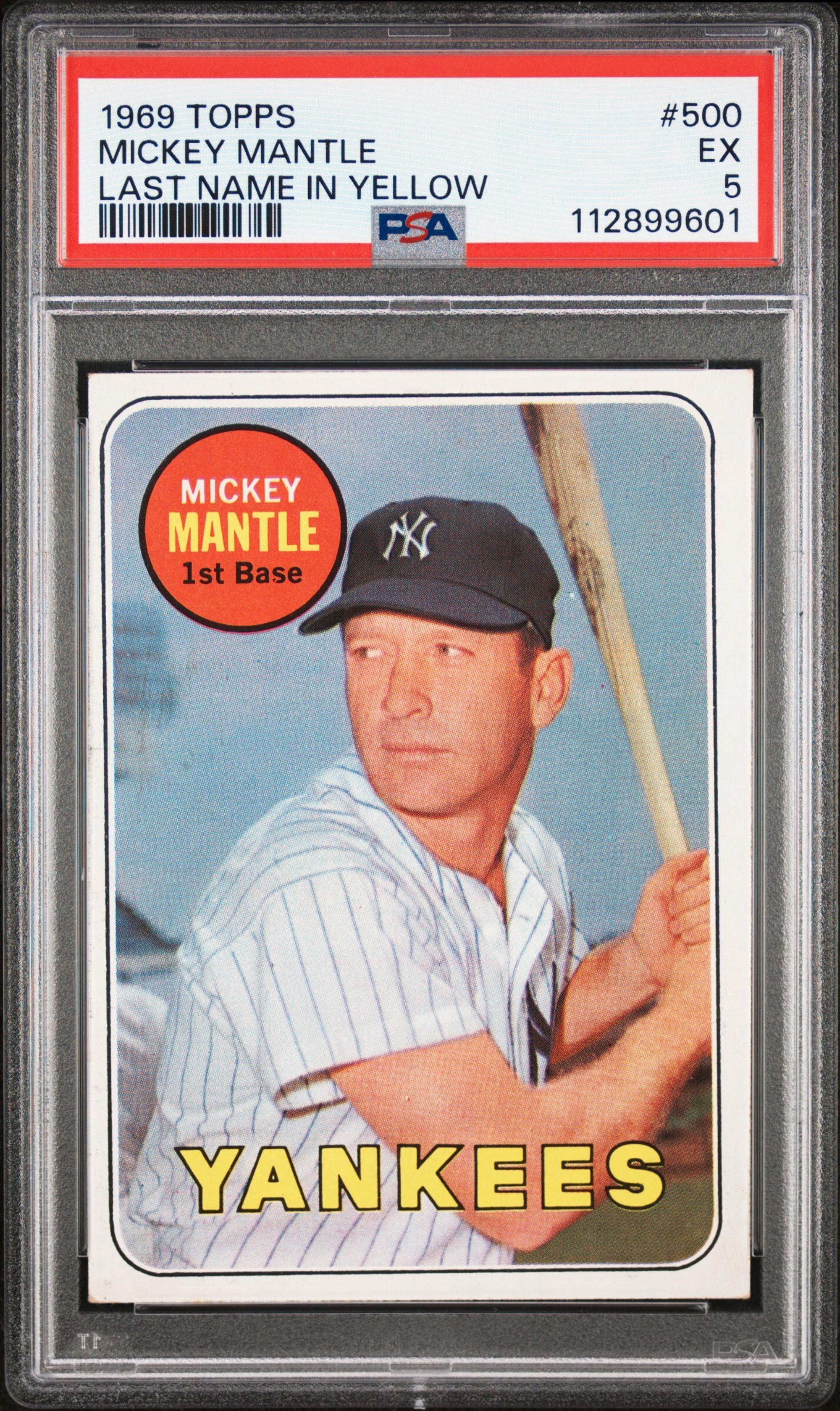 A 1969 Topps Mickey Mantle Baseball Card No. 500 - MANTLE LAST NAME IN YELLOW (PSA 5 EX)
