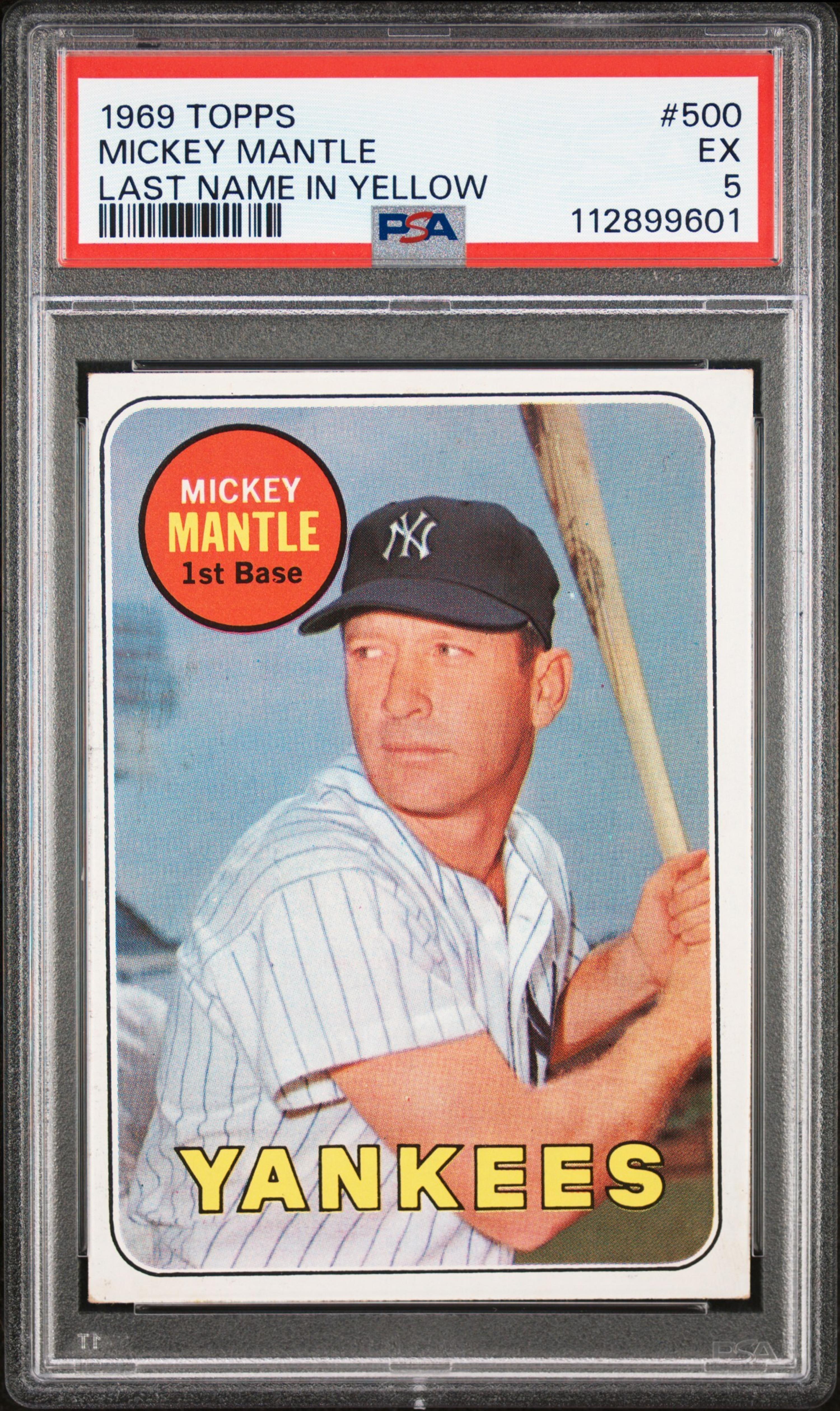 A 1969 Topps Mickey Mantle Baseball Card No. 500 - MANTLE LAST NAME IN YELLOW (PSA 5 EX)