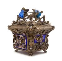 A Continental Silver-Gilt, Enameled and Gem-Inset Casket Height 8 x width 6 1/2 x depth 6 1/2 inches.