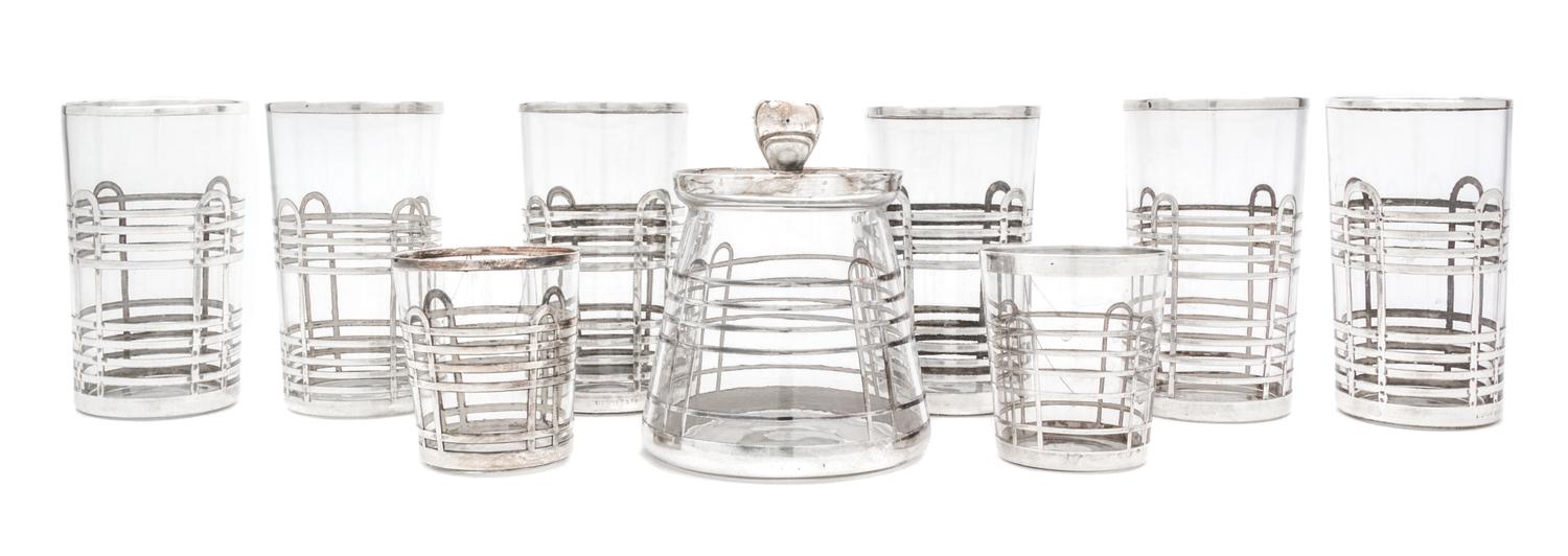 A Group of Nine Silver Overlay Glass Articles Height of cup 4 3/8 inches.