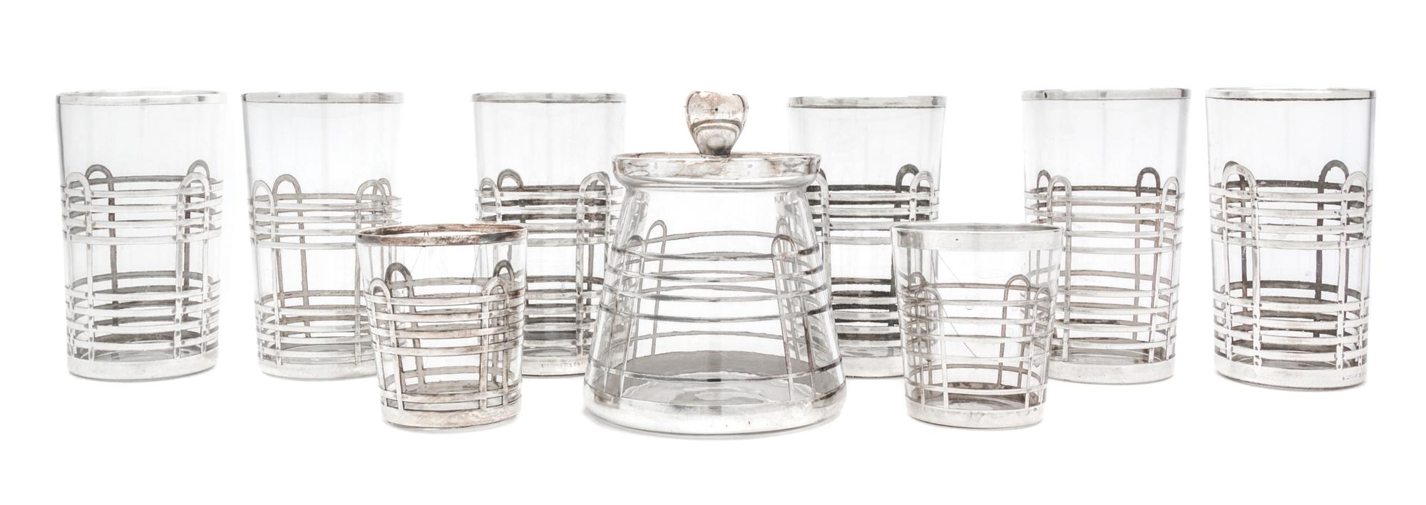 A Group of Nine Silver Overlay Glass Articles Height of cup 4 3/8 inches.