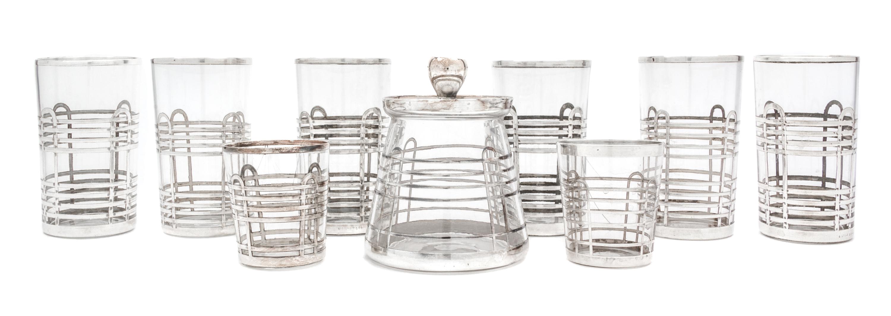 A Group of Nine Silver Overlay Glass Articles Height of cup 4 3/8 inches.