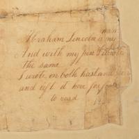 LINCOLN, Abraham (1809-1865). Autograph sum book leaf signed twice ("Abraham Lincoln"). Pigeon Creek, Spencer County, Indiana, ca. 1824.