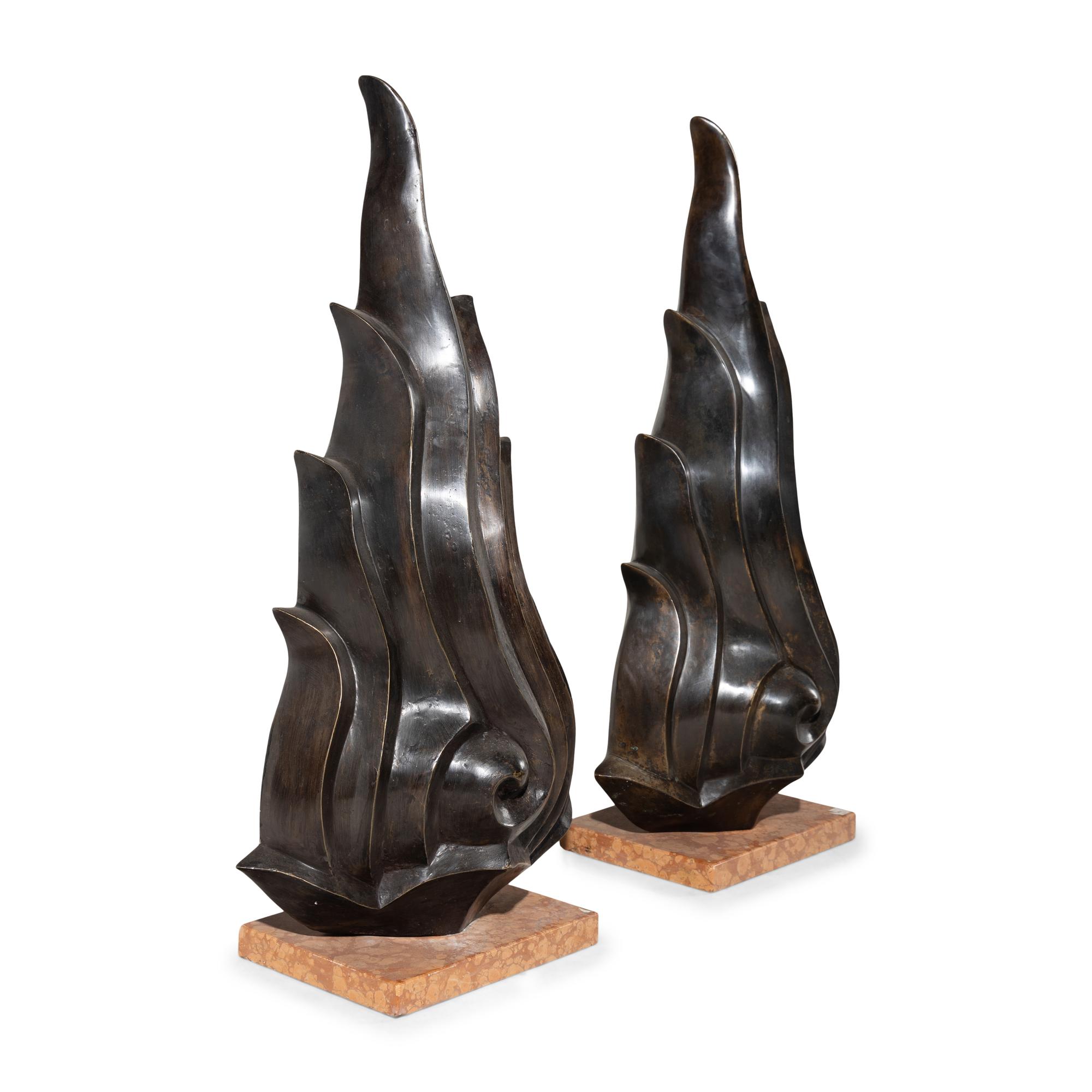 A Pair of Art Deco Patinated Bronze Flame-Form Ornaments