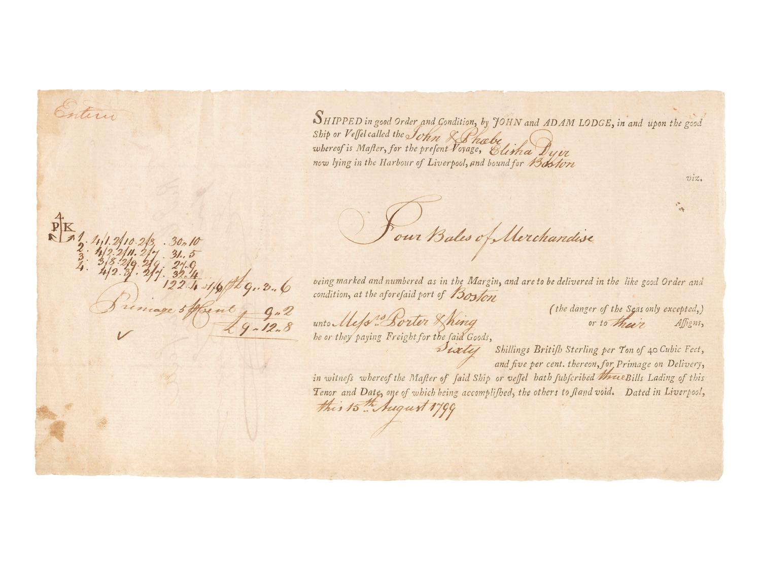 [MASSACHUSETTS]. A group of shipping documents, including a "Policy of Assurance" for cargo aboard the Brig William , 28 October 1794.