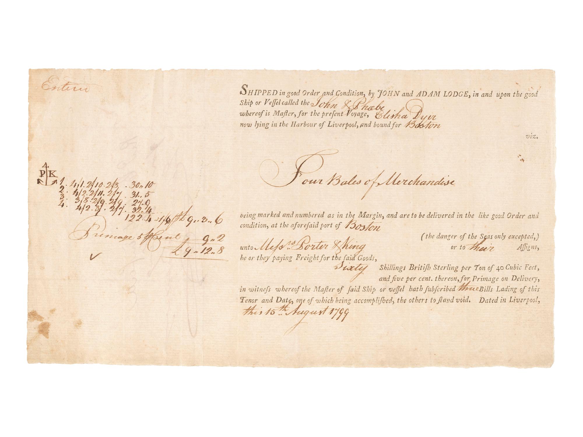 [MASSACHUSETTS]. A group of shipping documents, including a "Policy of Assurance" for cargo aboard the Brig William , 28 October 1794.