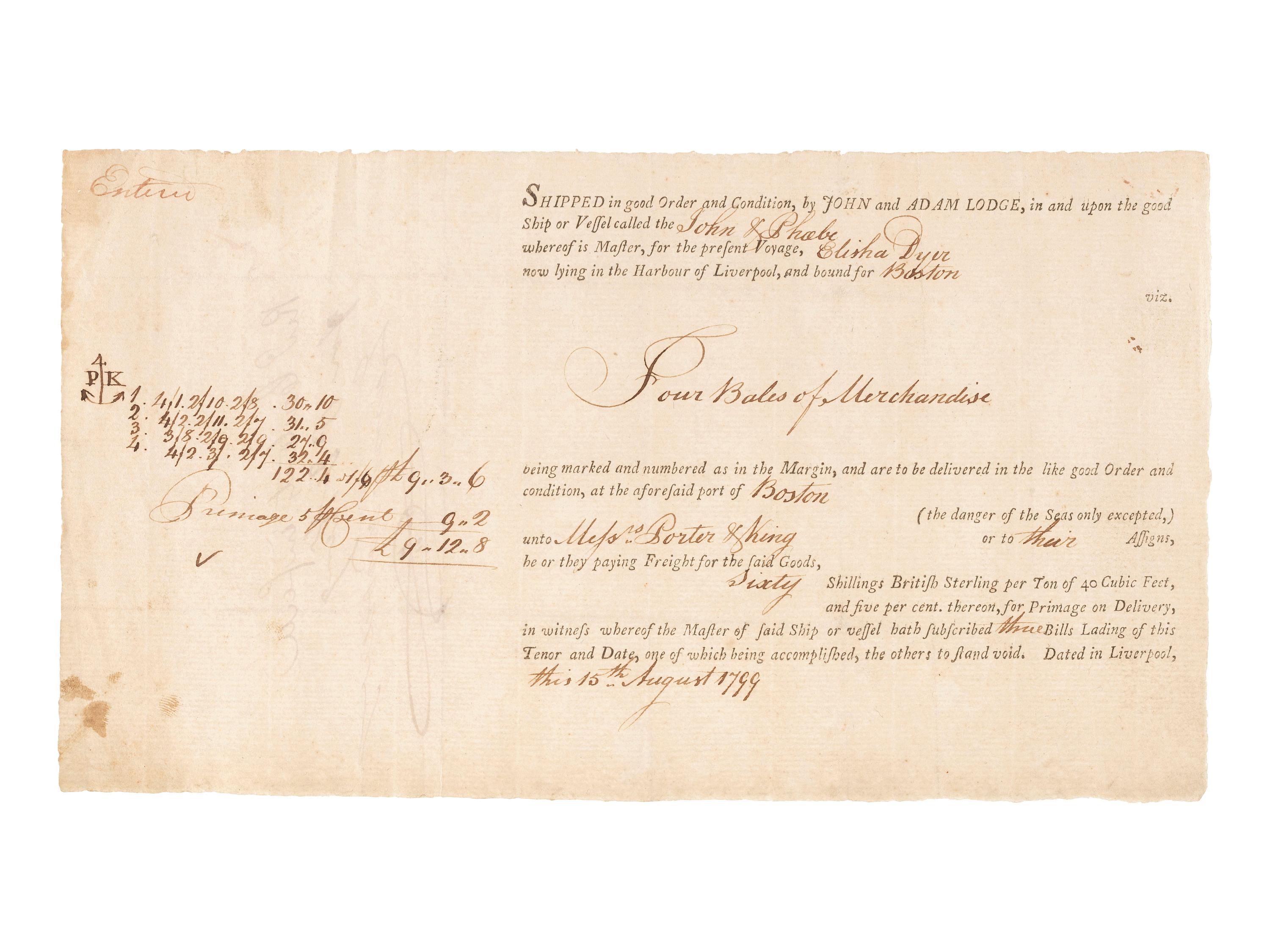 [MASSACHUSETTS]. A group of shipping documents, including a "Policy of Assurance" for cargo aboard the Brig William , 28 October 1794.