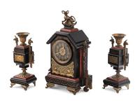 A French Gilt Bronze, Marble and Slate Clock Garniture