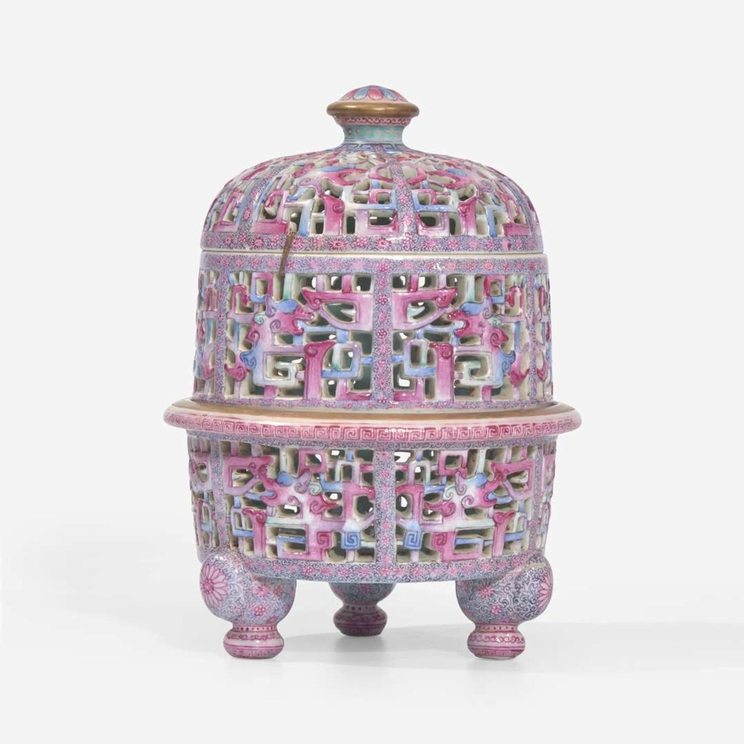 A Chinese famille rose-decorated reticulated three-part porcelain censer 粉彩镂雕香炉 Qianlong mark but later ??? ????