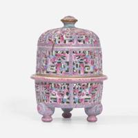A Chinese famille rose-decorated reticulated three-part porcelain censer 粉彩镂雕香炉 Qianlong mark but later ??? ????