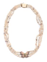 A 14 Karat Yellow Gold, Enamel, Diamond and Cultured Pearl Multistrand Necklace,