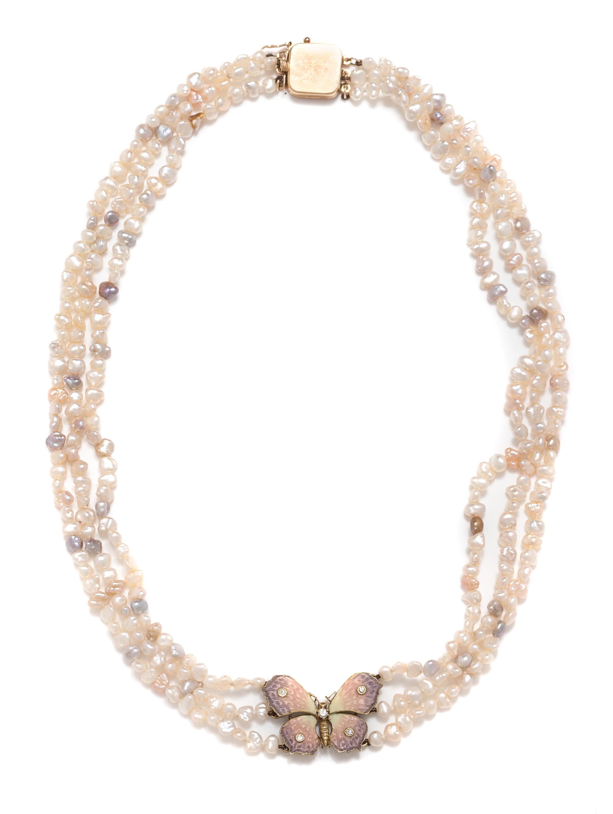 A 14 Karat Yellow Gold, Enamel, Diamond and Cultured Pearl Multistrand Necklace,