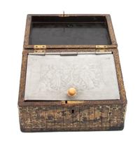 A Chinese Export Black and Gilt Lacquer Tea Caddy Height 4 1/4 x width 8 x depth 6 1/4 inches. — 19TH CENTURY