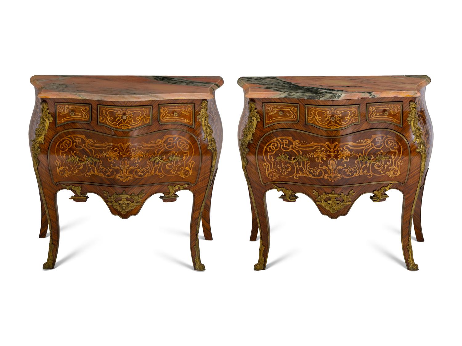 A Pair of Louis XV Style Gilt Bronze Mounted Marquetry Marble-Top Commodes