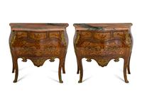 A Pair of Louis XV Style Gilt Bronze Mounted Marquetry Marble-Top Commodes