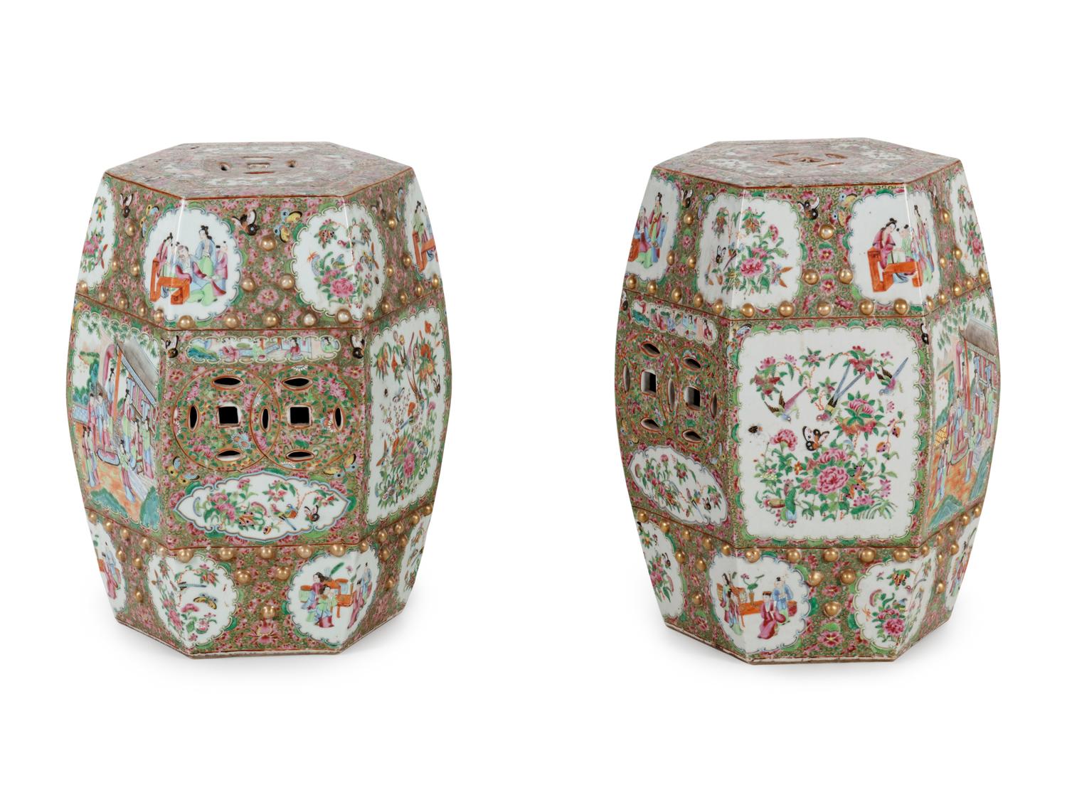 A Pair of Chinese Export Famille Rose Porcelain Garden Stools