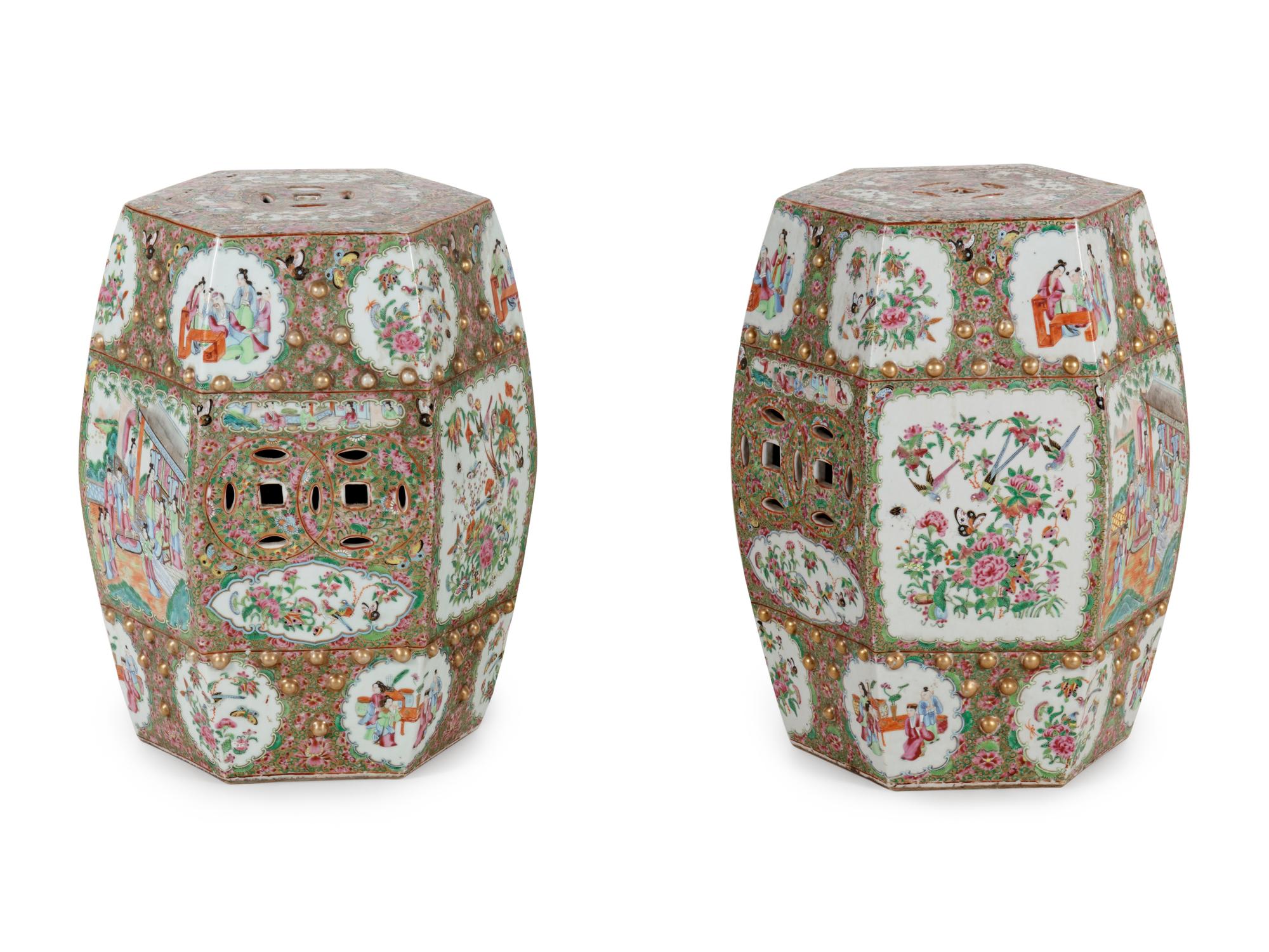 A Pair of Chinese Export Famille Rose Porcelain Garden Stools