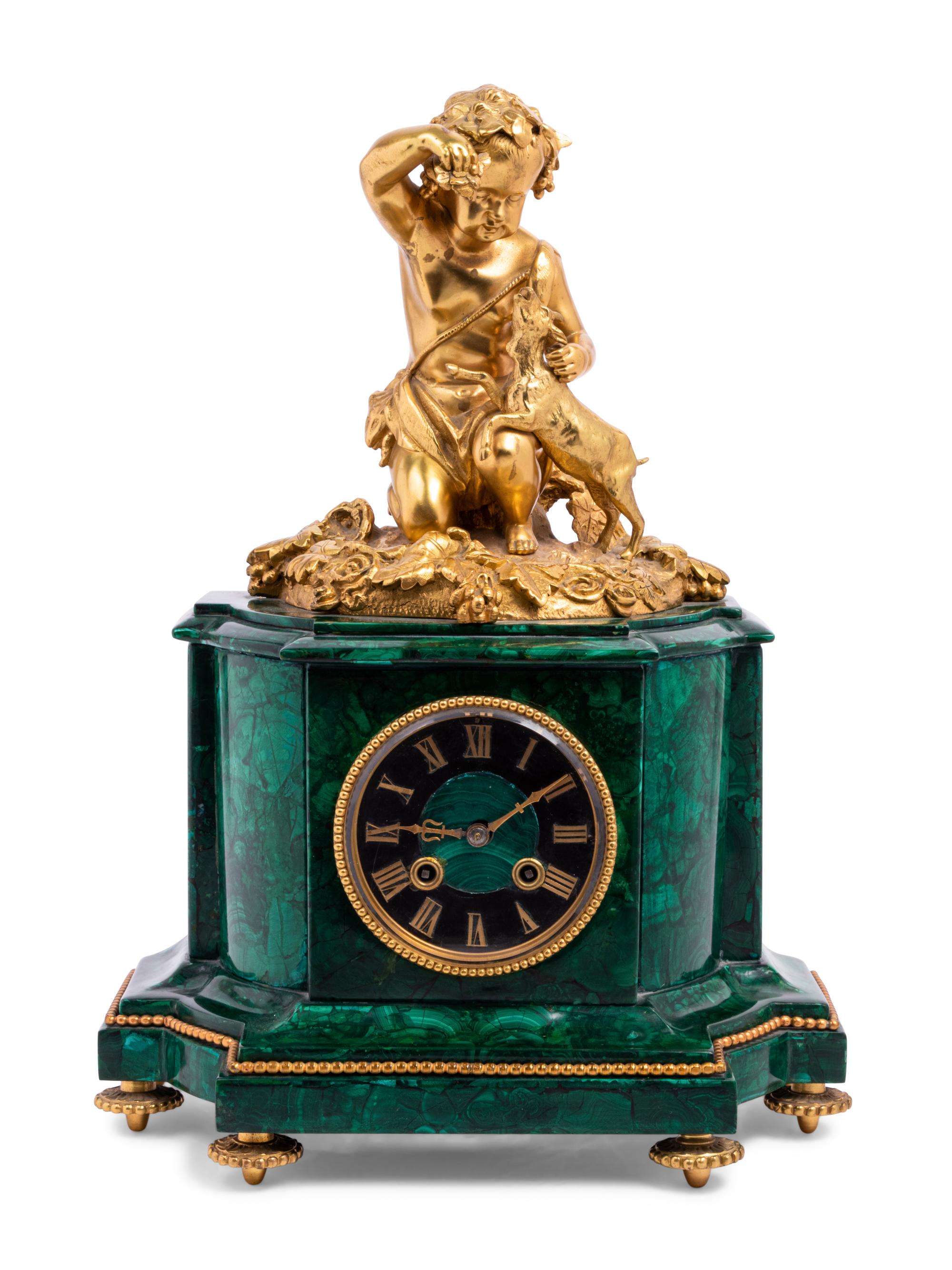 A Louis XVI Style Gilt Bronze and Malachite Veneered Mantel Clock