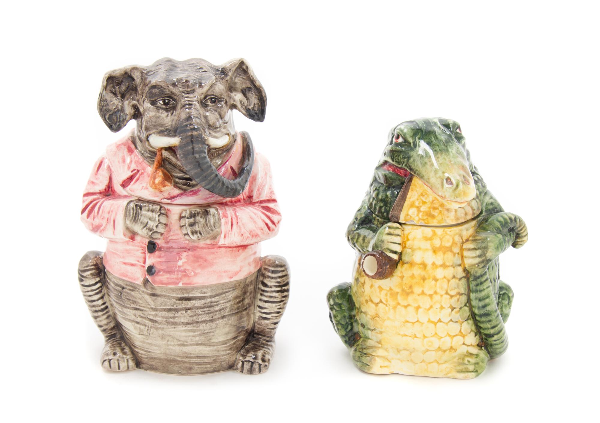 Two Majolica Figural Tobacco Jars Height of taller 8 inches. — LATE 19TH/EARLY 20TH CENTURY