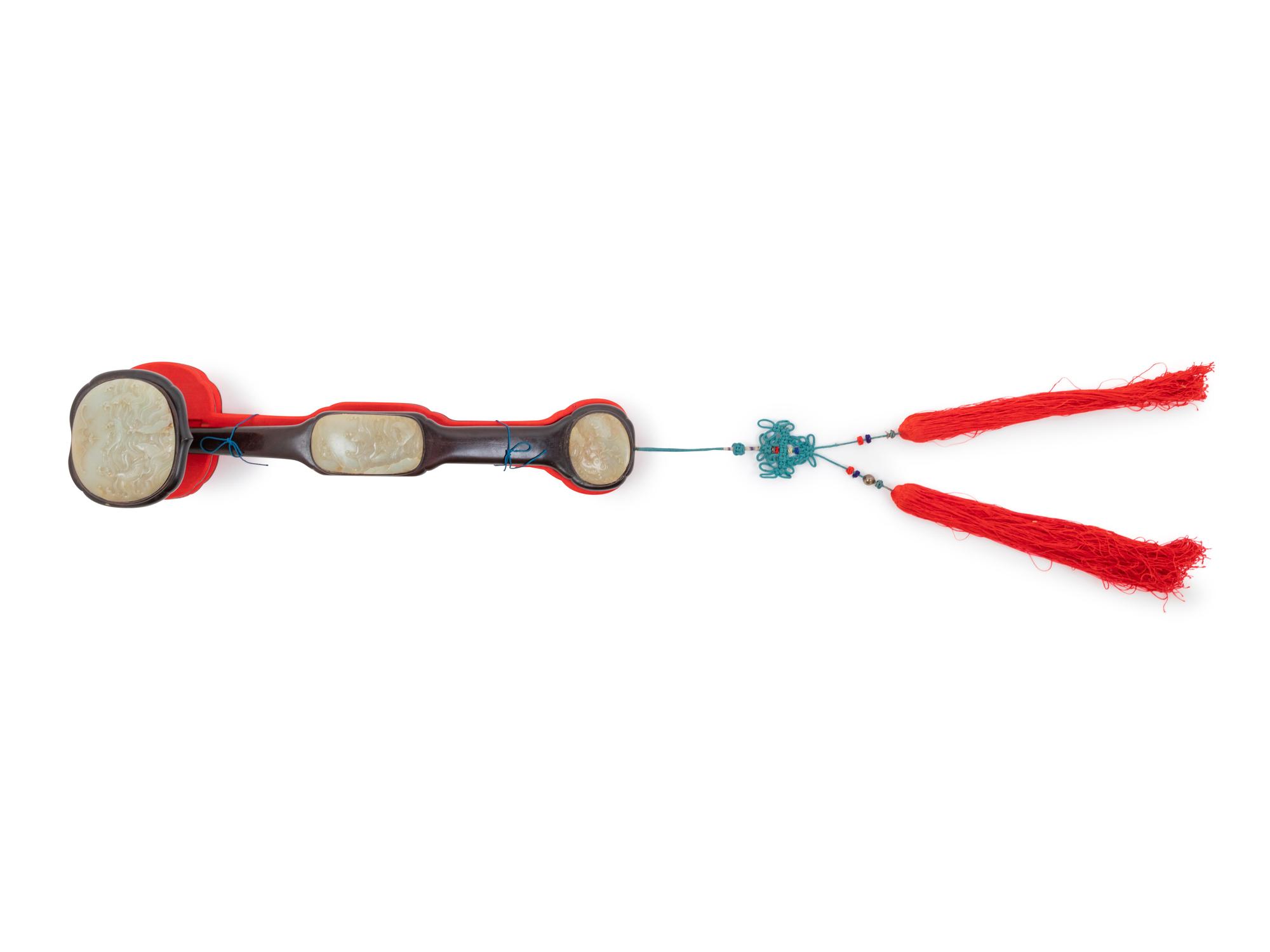 A Pale Celadon Jade Inset Rosewood Ruyi Scepter