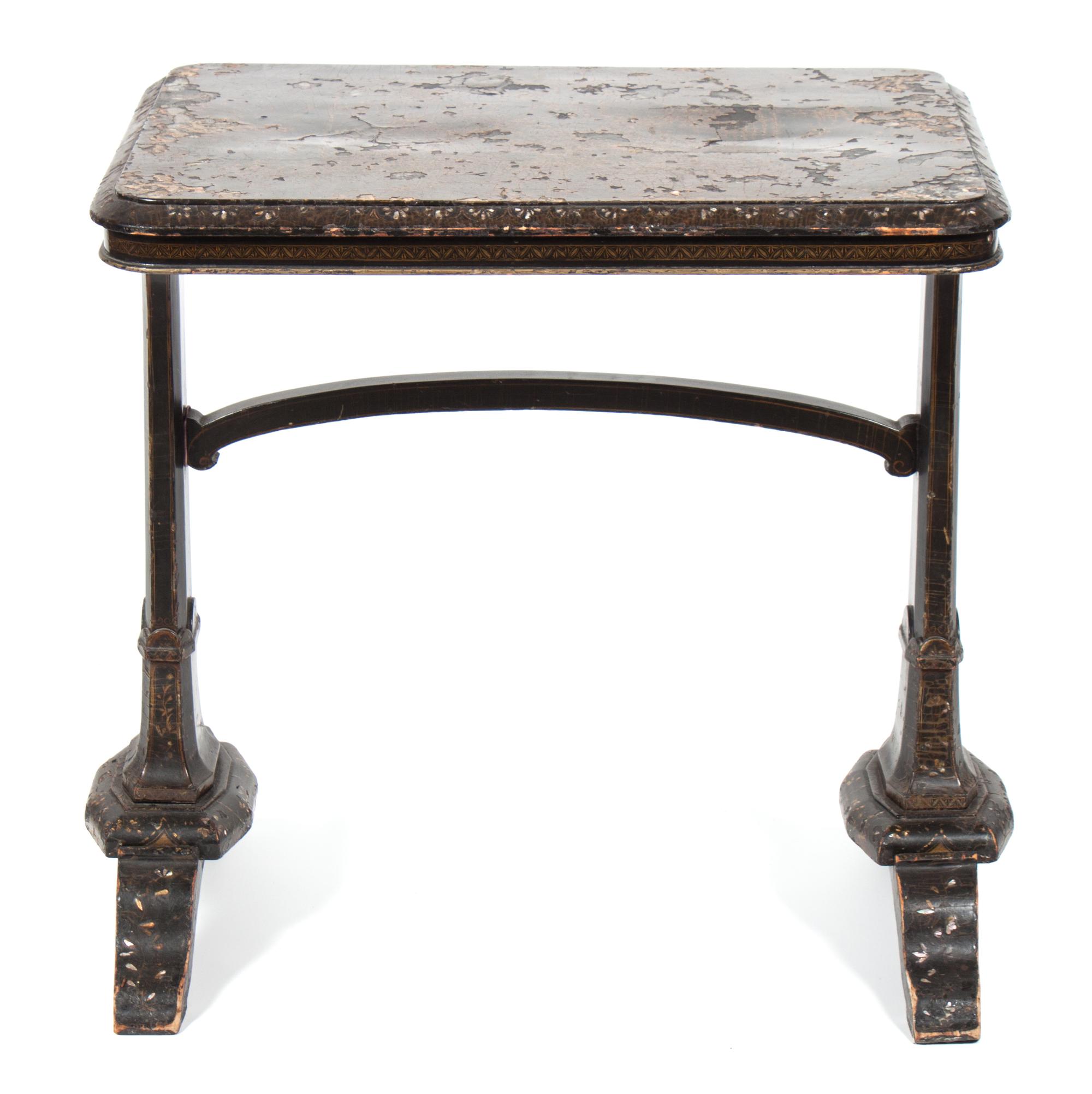 A Chinese Export Mother-of-Pearl Inlaid Lacquered Table Height 28 1/2 x width 28 x depth 20 1/2 inches. — 19TH CENTURY