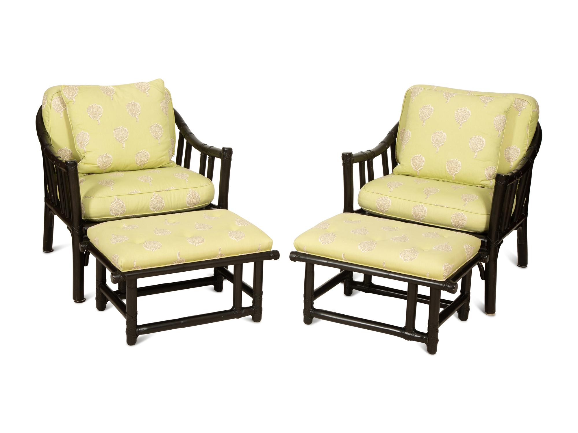 A McGuire Black Painted Rattan Six-Piece Furniture Suite