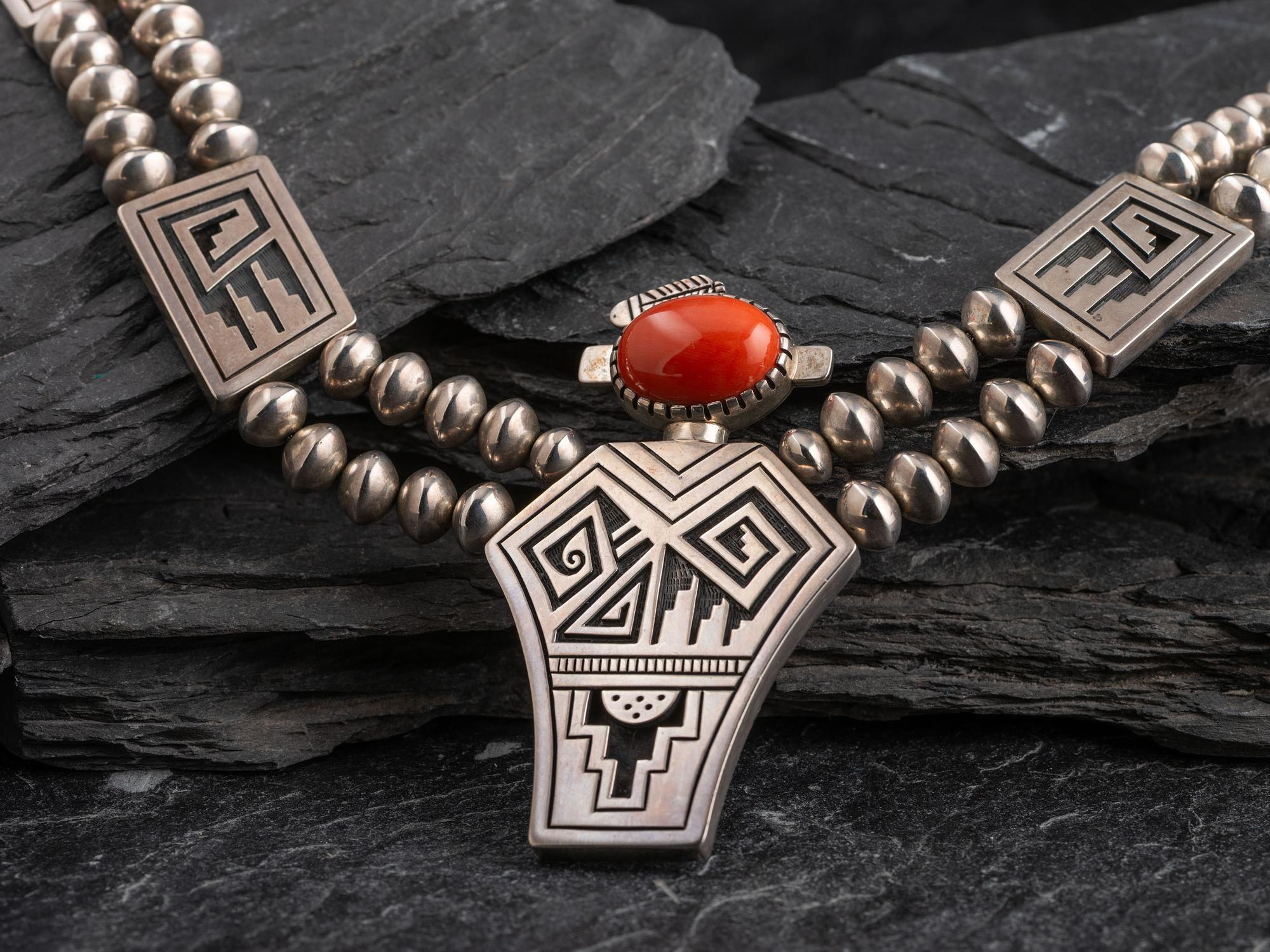 Sterling Silver and Coral Figural Necklace