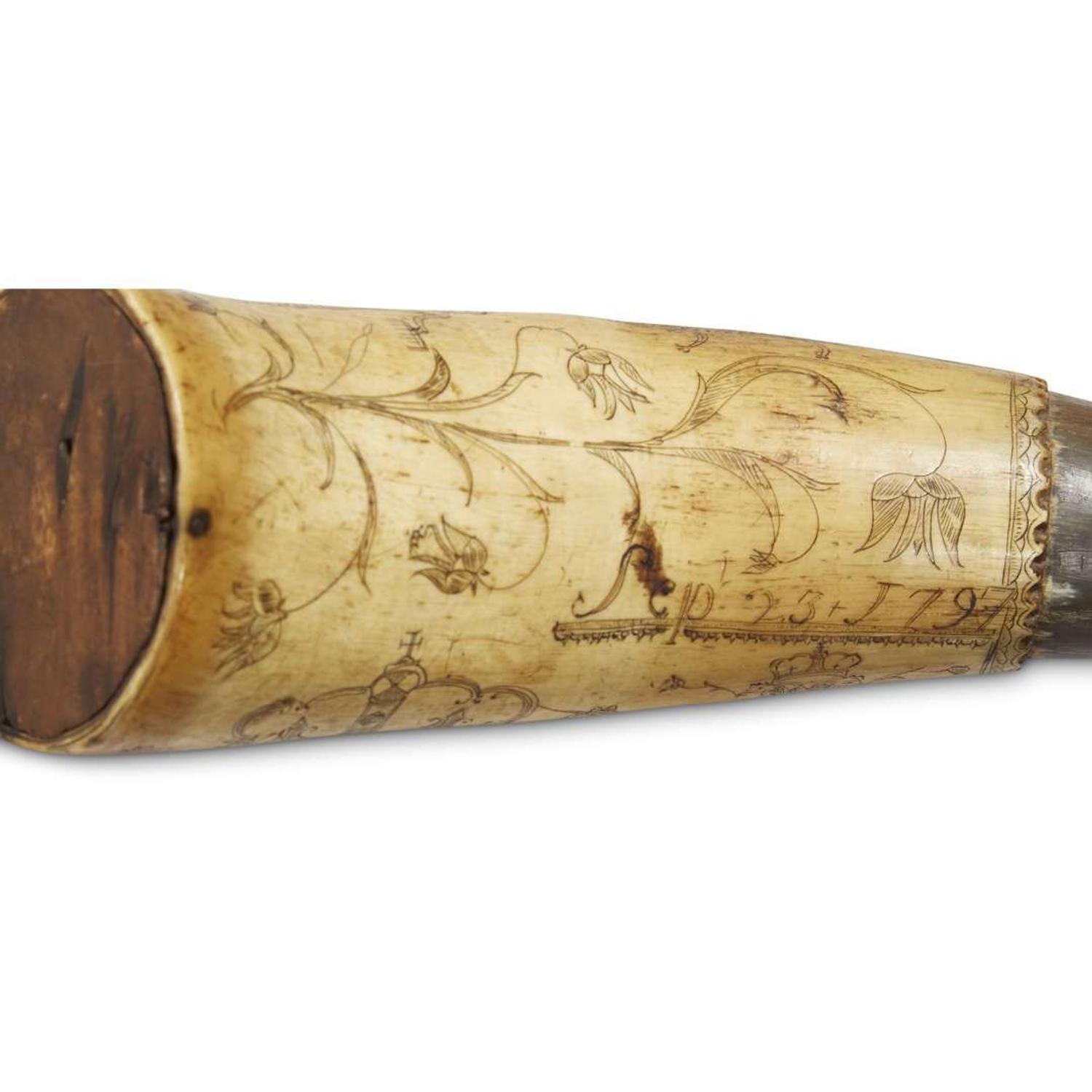 Incised powder horn dated, "Sept 25, 1797"