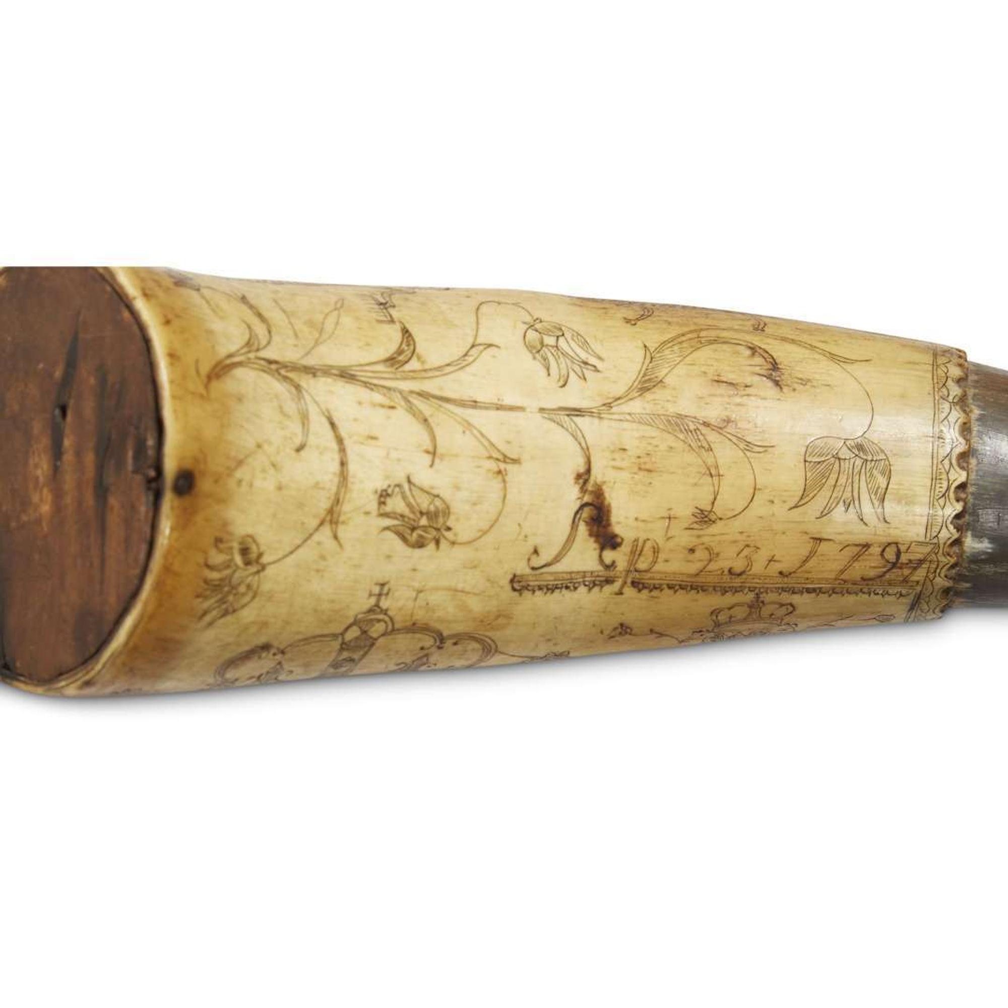 Incised powder horn dated, "Sept 25, 1797"