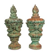 A Pair of Continental Patinated Metal Covered Urns
