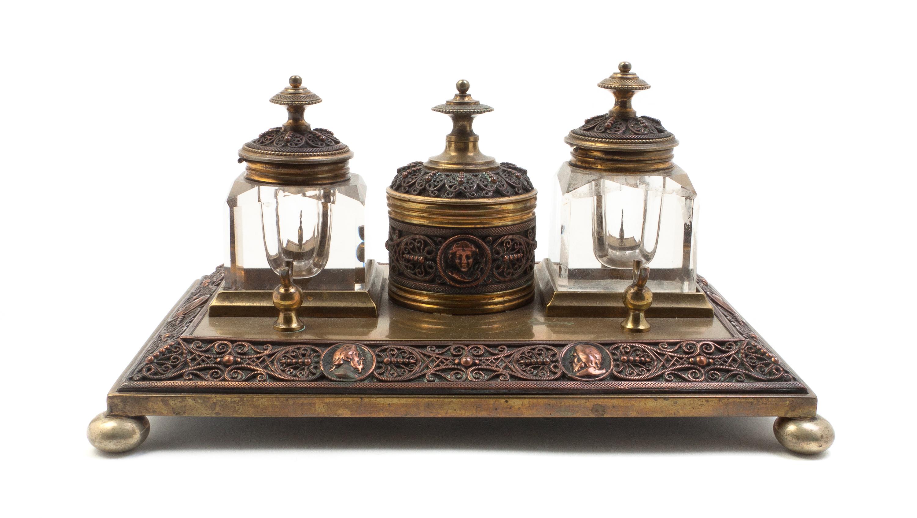 A Neoclassical Gilt Metal and Cut Glass Encrier, Width 9 1/2 inches.