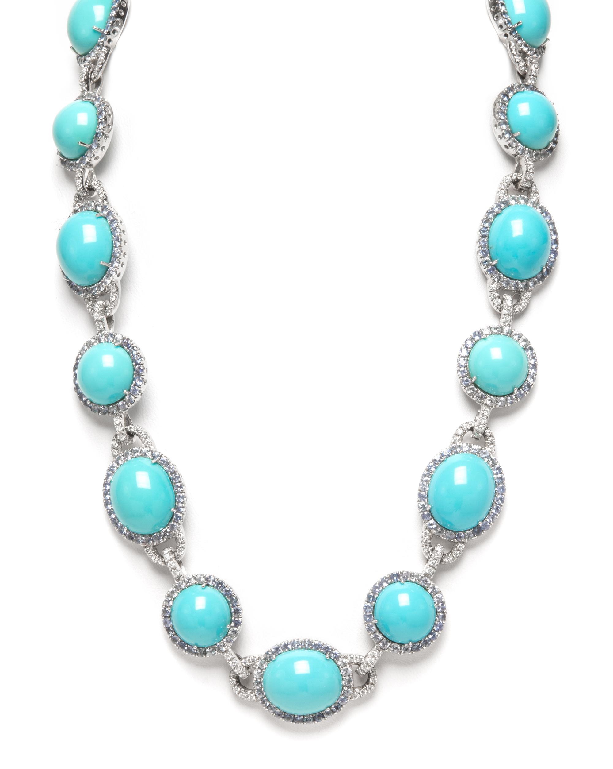 An 18 Karat White Gold, Turquoise, Sapphire and Diamond Demi Parure, 81.90 dwts.