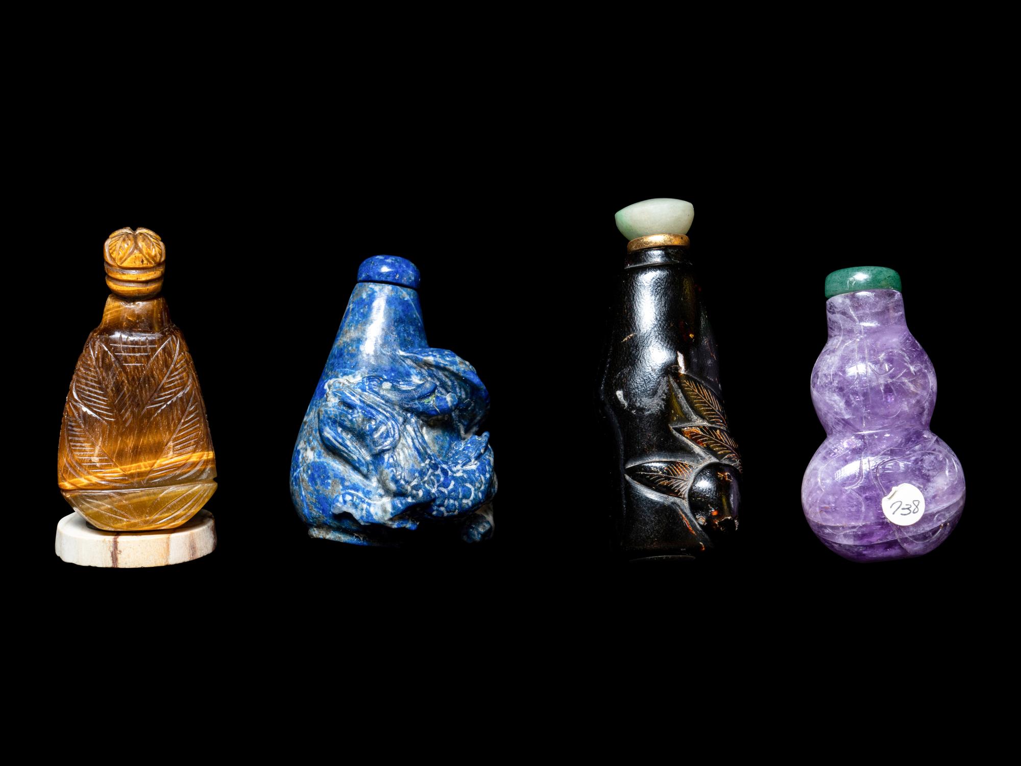 Eight Chinese Precious Stone and Lacquered Snuff Bottles