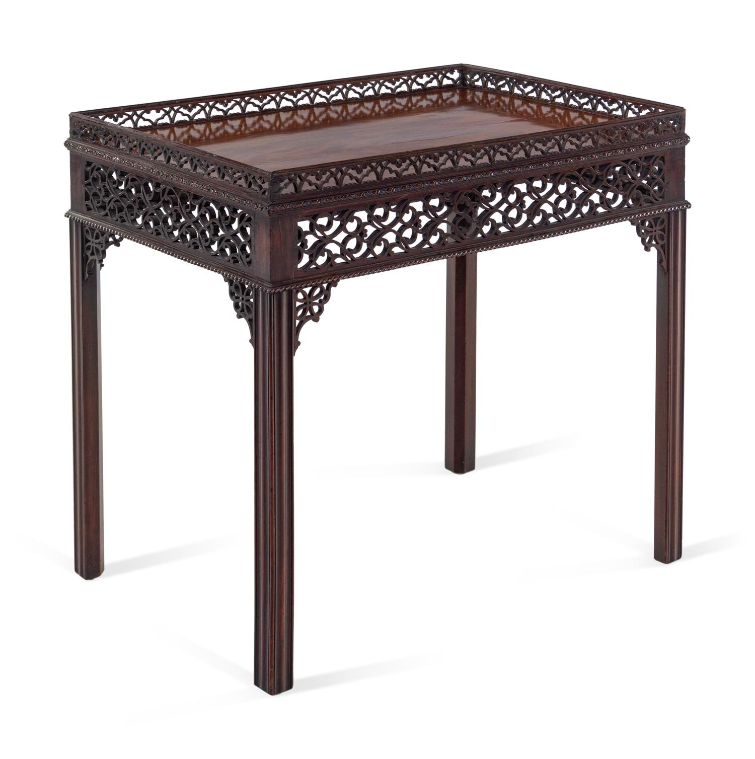 A George III Chinese Chippendale Style Carved and Figured Mahogany Silver Table